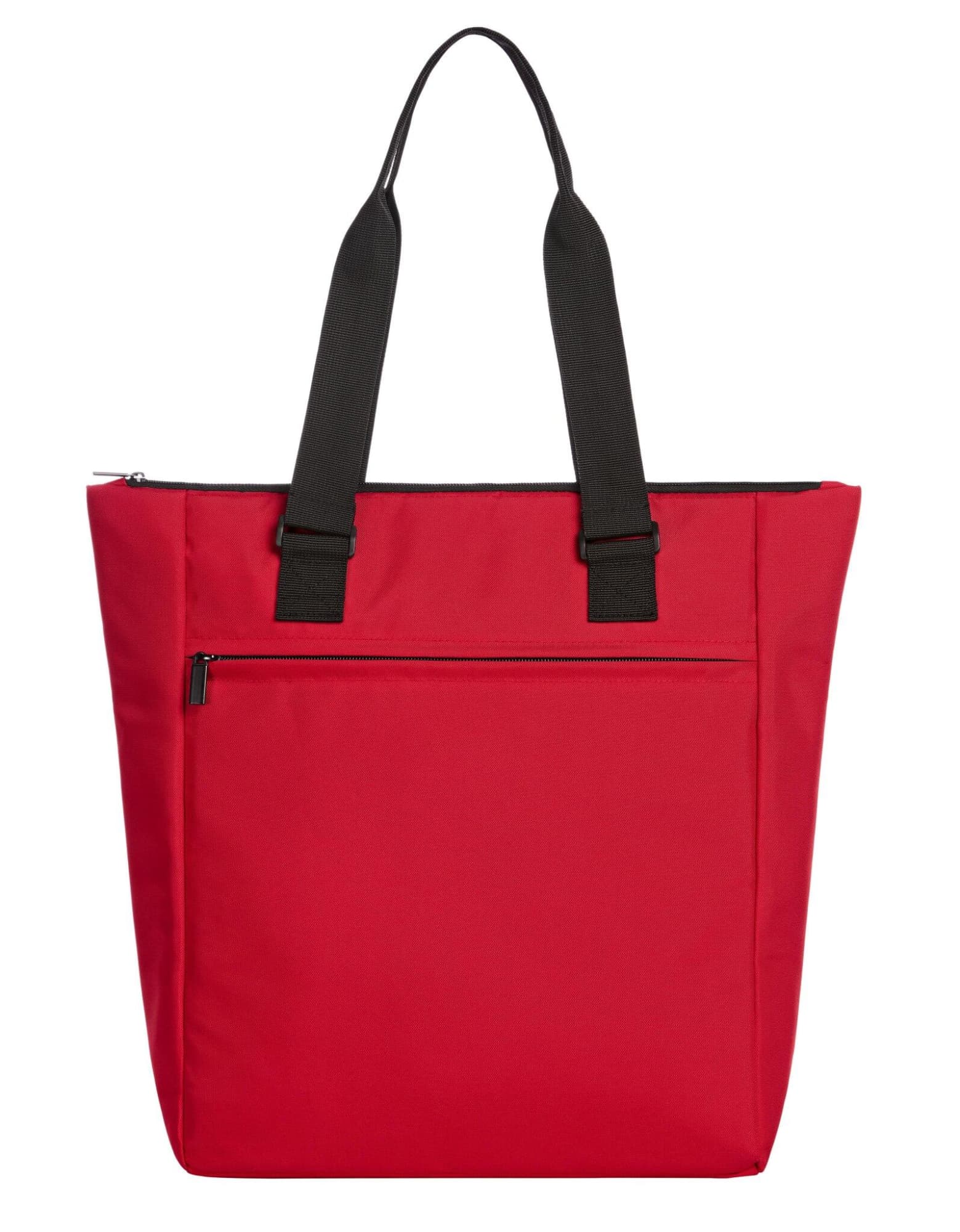 A red cooler bag with black handles and a zippered pocket on the front, featuring a branding logo.