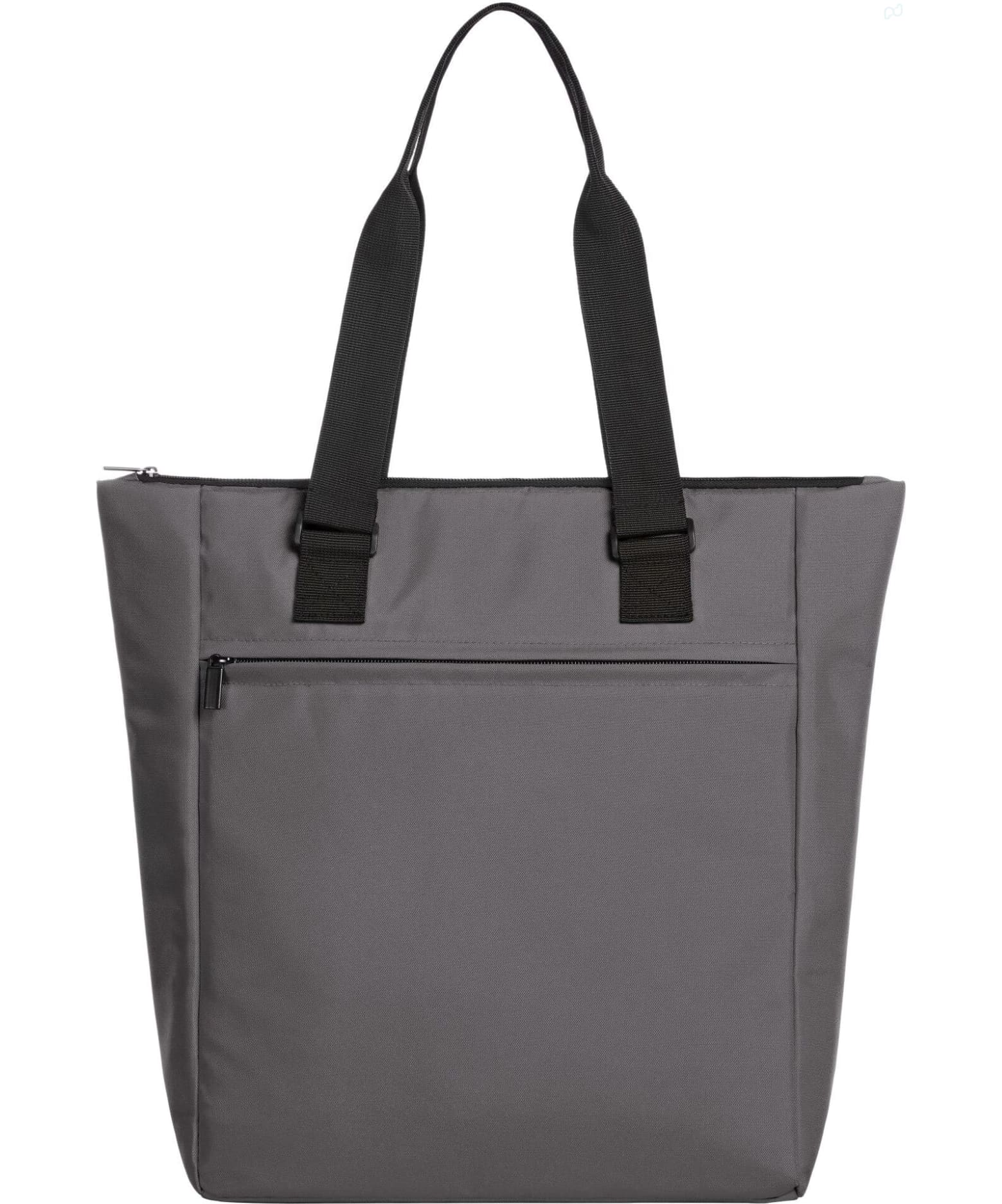 A grey tote cooler bag with black straps, featuring a zippered front pocket and a logo.