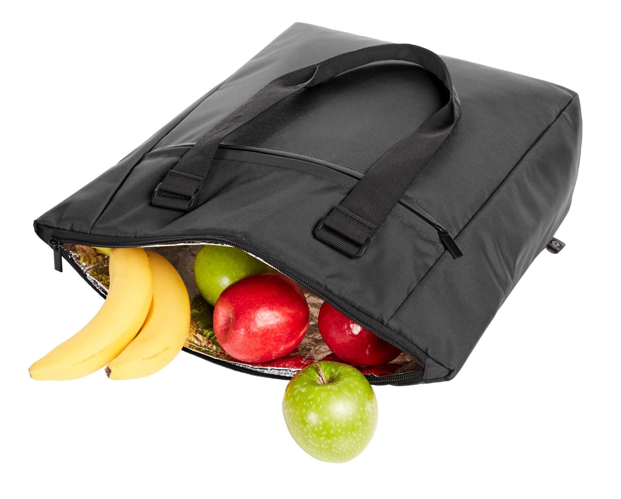 A black cooler bag containing bananas, red apples, and a green apple, with sturdy handles for easy carrying.