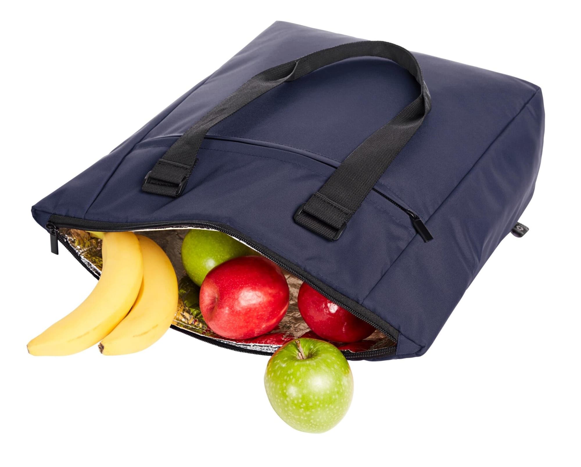 A navy cooler bag with handles, filled with apples and bananas. The interior is insulated.