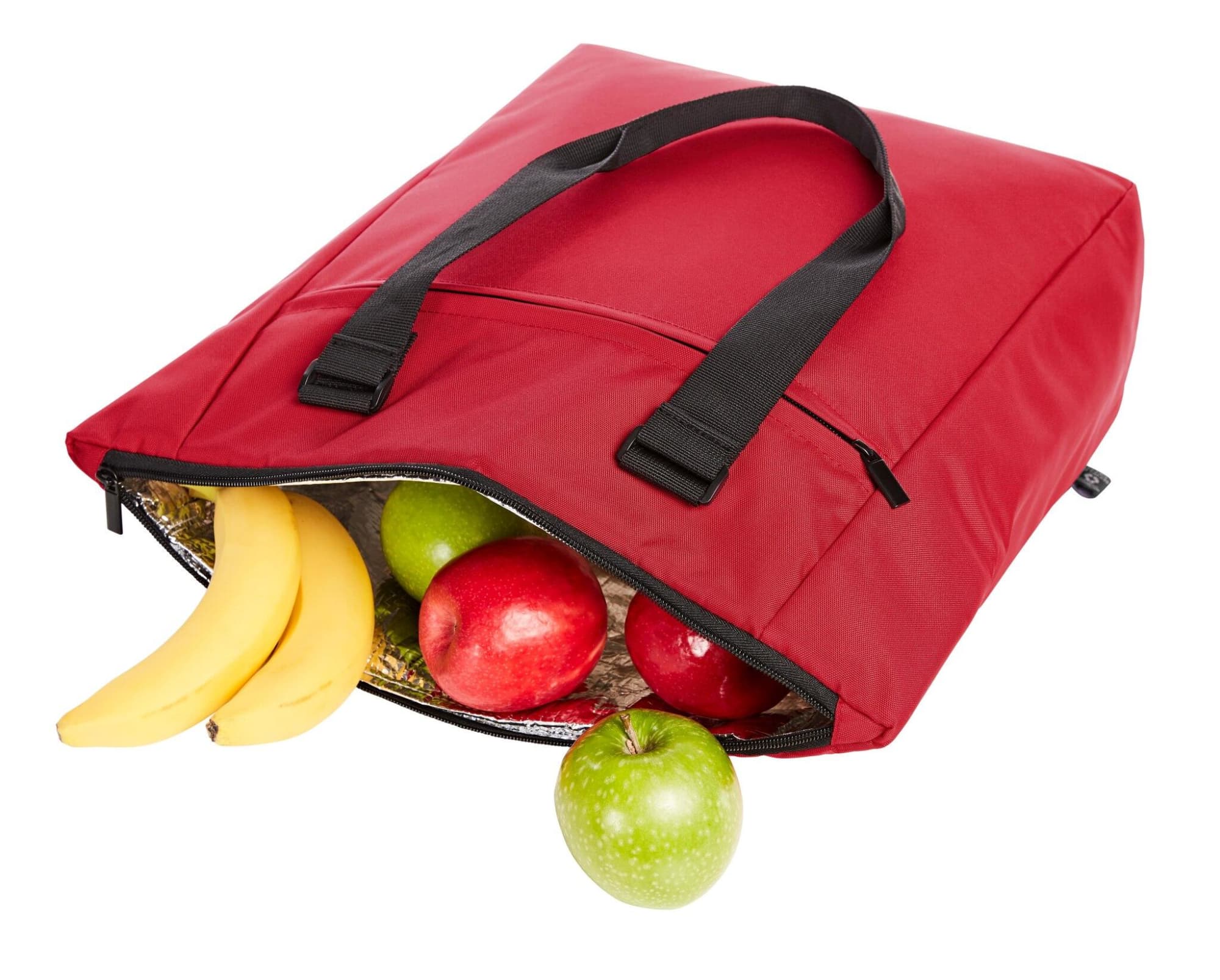 A red cooler bag with black handles, filled with bananas and apples. It features an insulated interior.