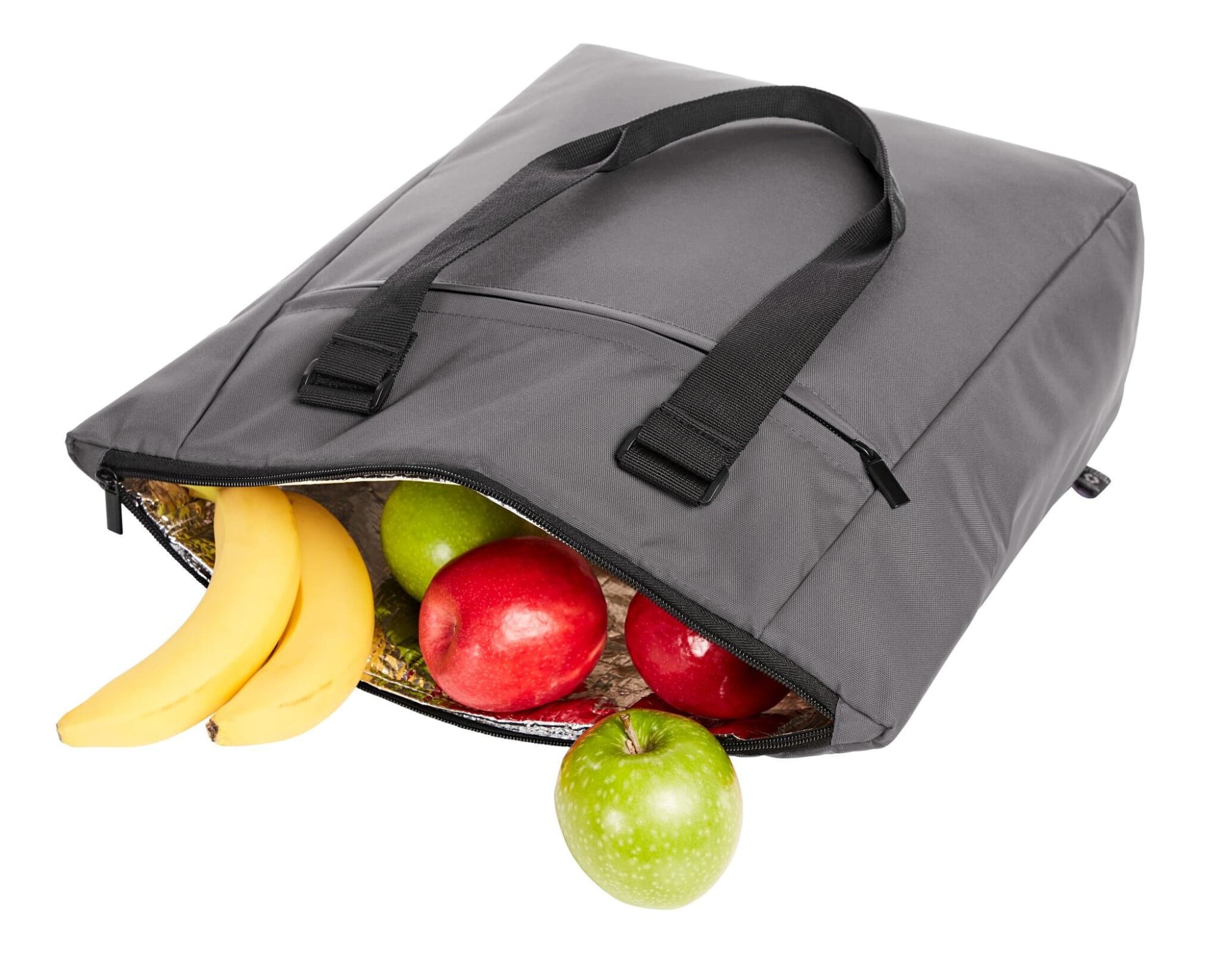 A cooler bag in grey, partially filled with apples and bananas, featuring sturdy black handles.