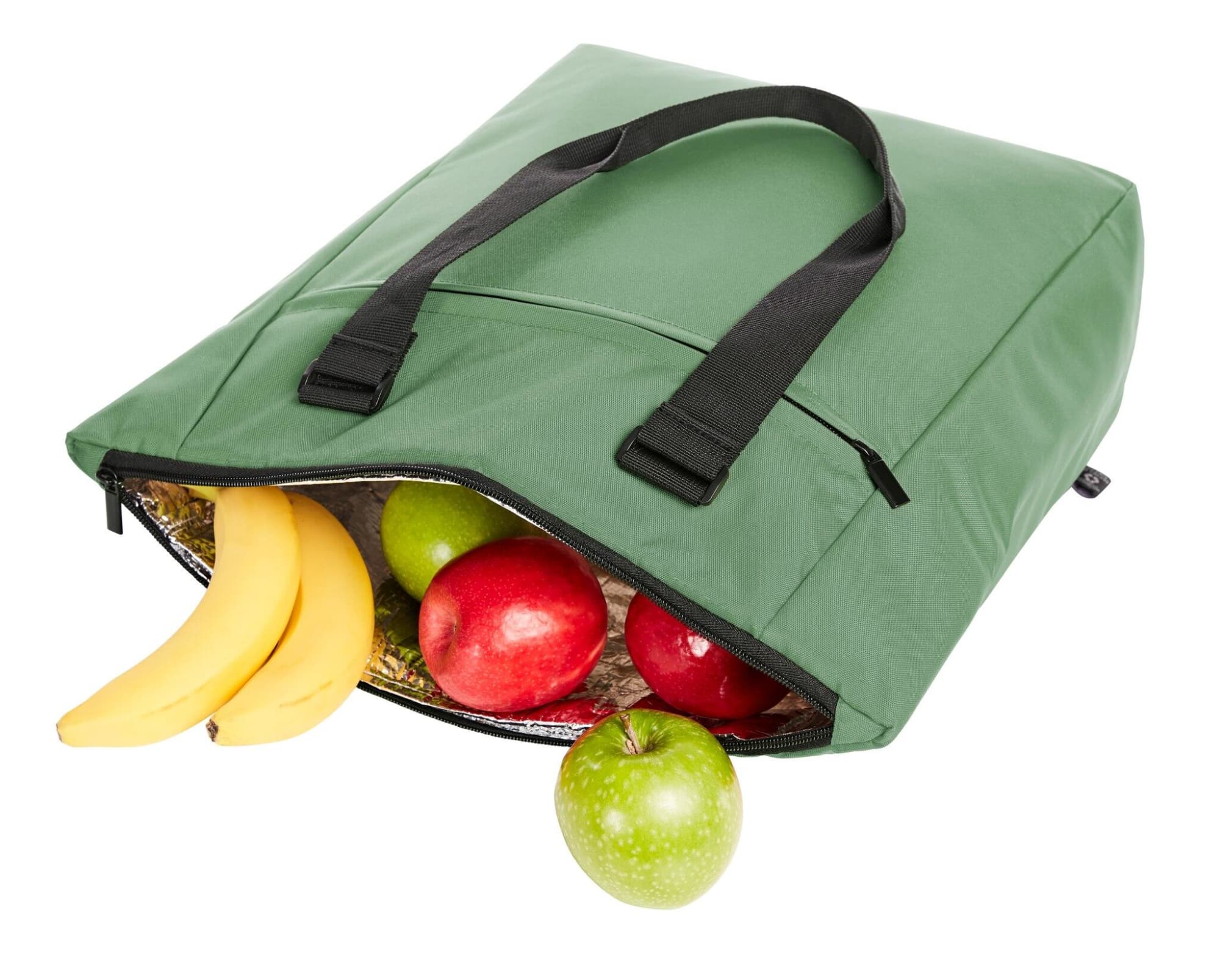 A green cooler bag with black handles, filled with red apples, a green apple, and bananas.