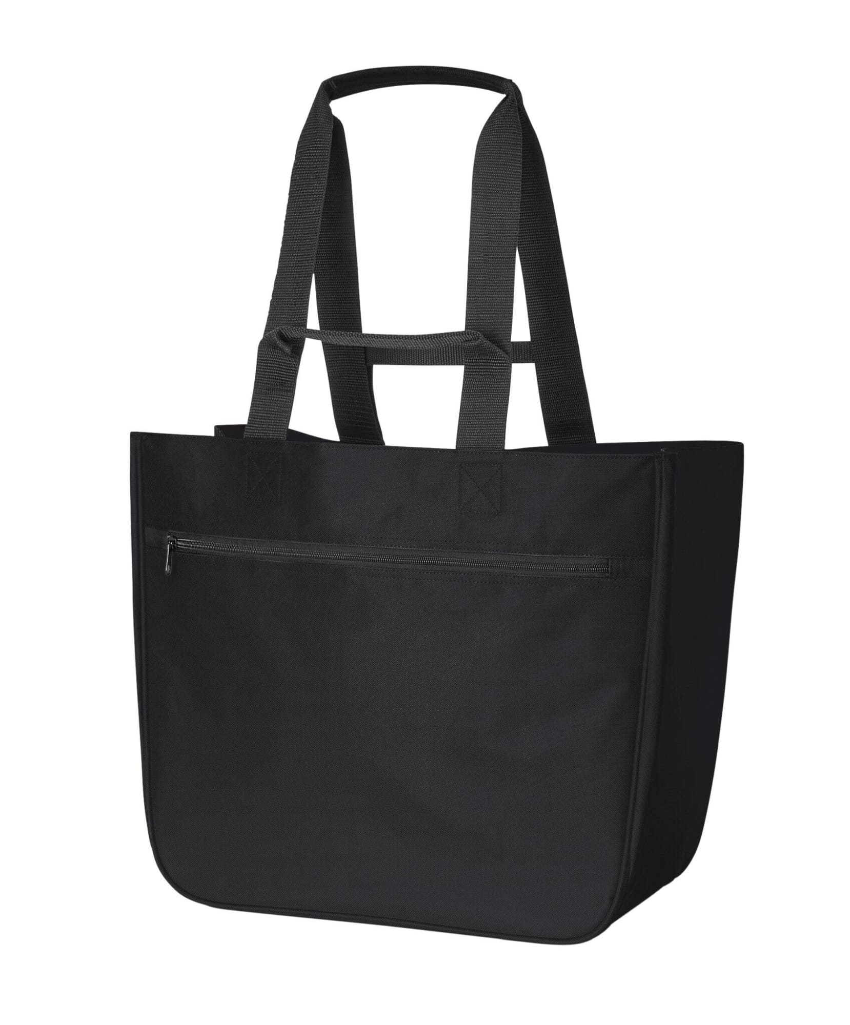 A large black tote bag with two handle straps and a front zip pocket, featuring a logo.