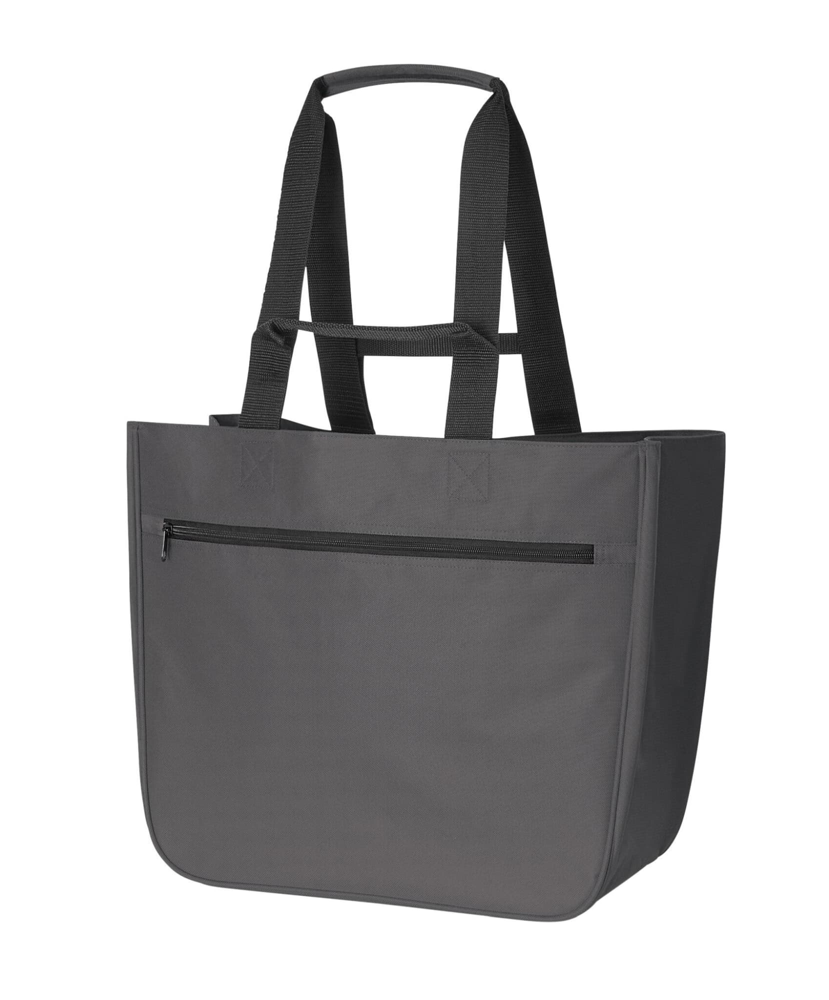 A grey Softbasket Shopper bag with long straps and a zippered front pocket, featuring branding on the side.