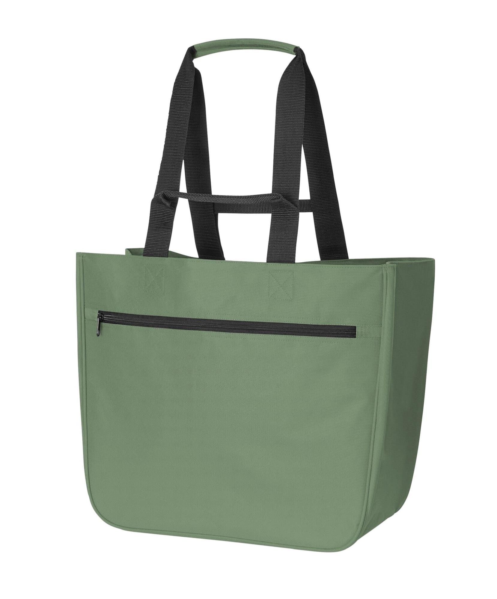 A green tote bag with black straps and a front zip pocket. It has a simple design and includes a logo.