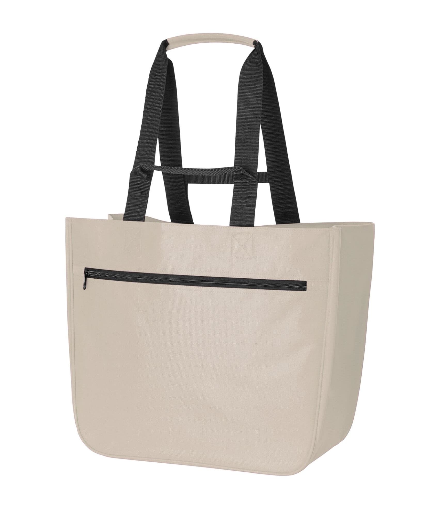A large beige tote bag with black straps and a zippered front pocket, featuring a logo.