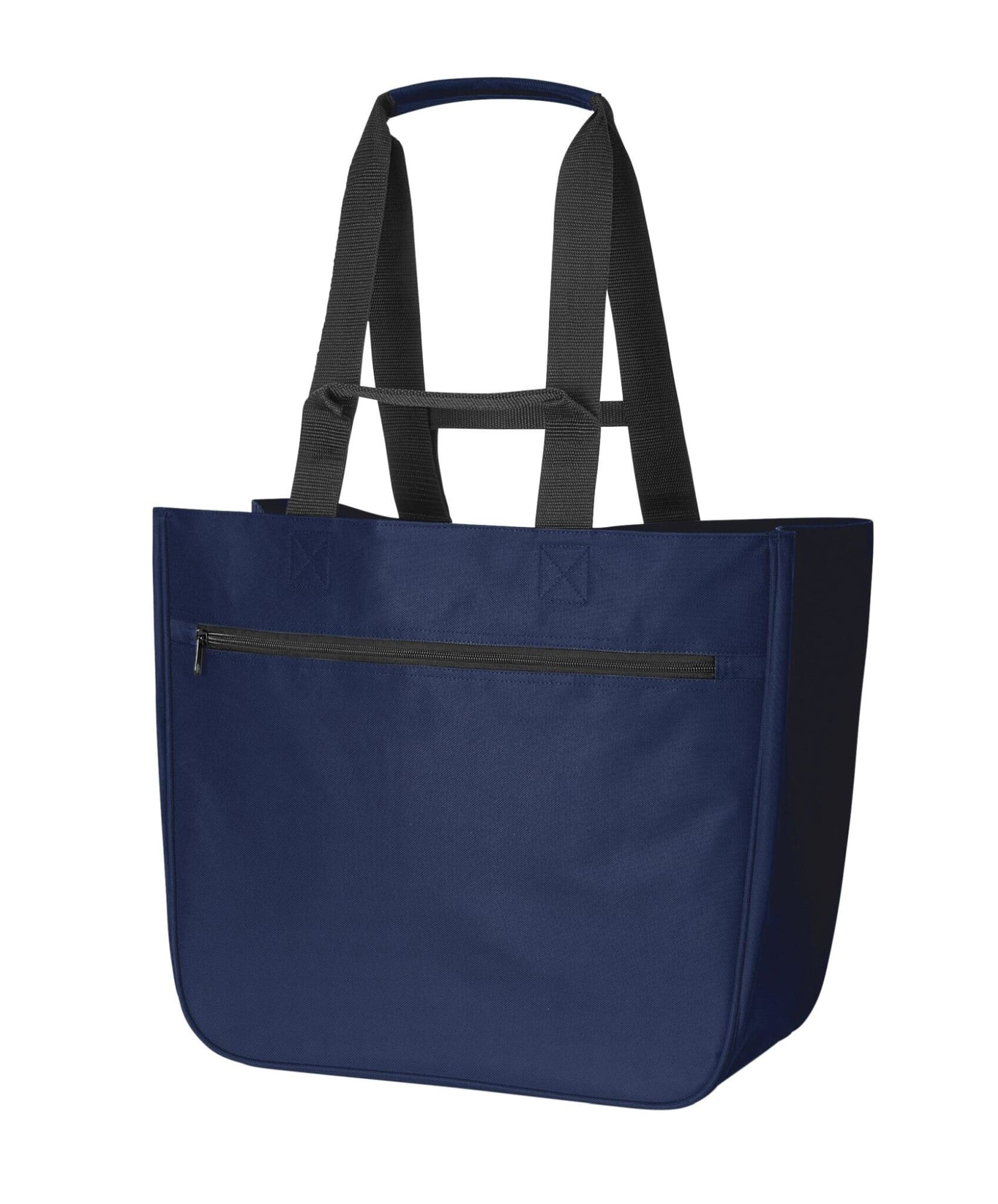 A navy blue tote bag with black handles and a zippered pocket on the front. It features a logo.