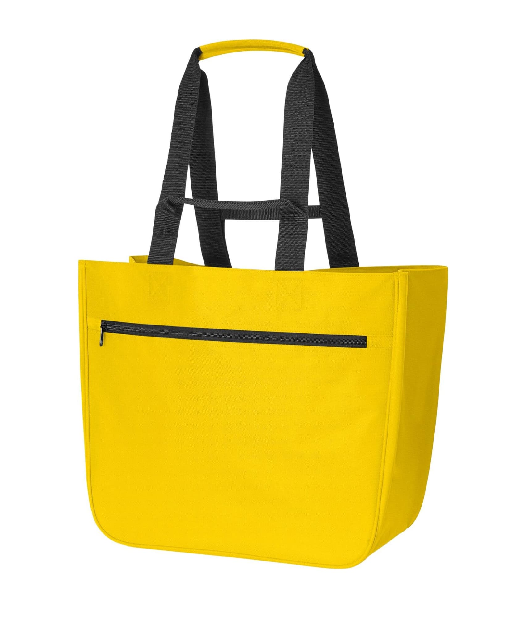 A yellow Softbasket Shopper bag with black handles and a front zip pocket. It has a simple, spacious design.