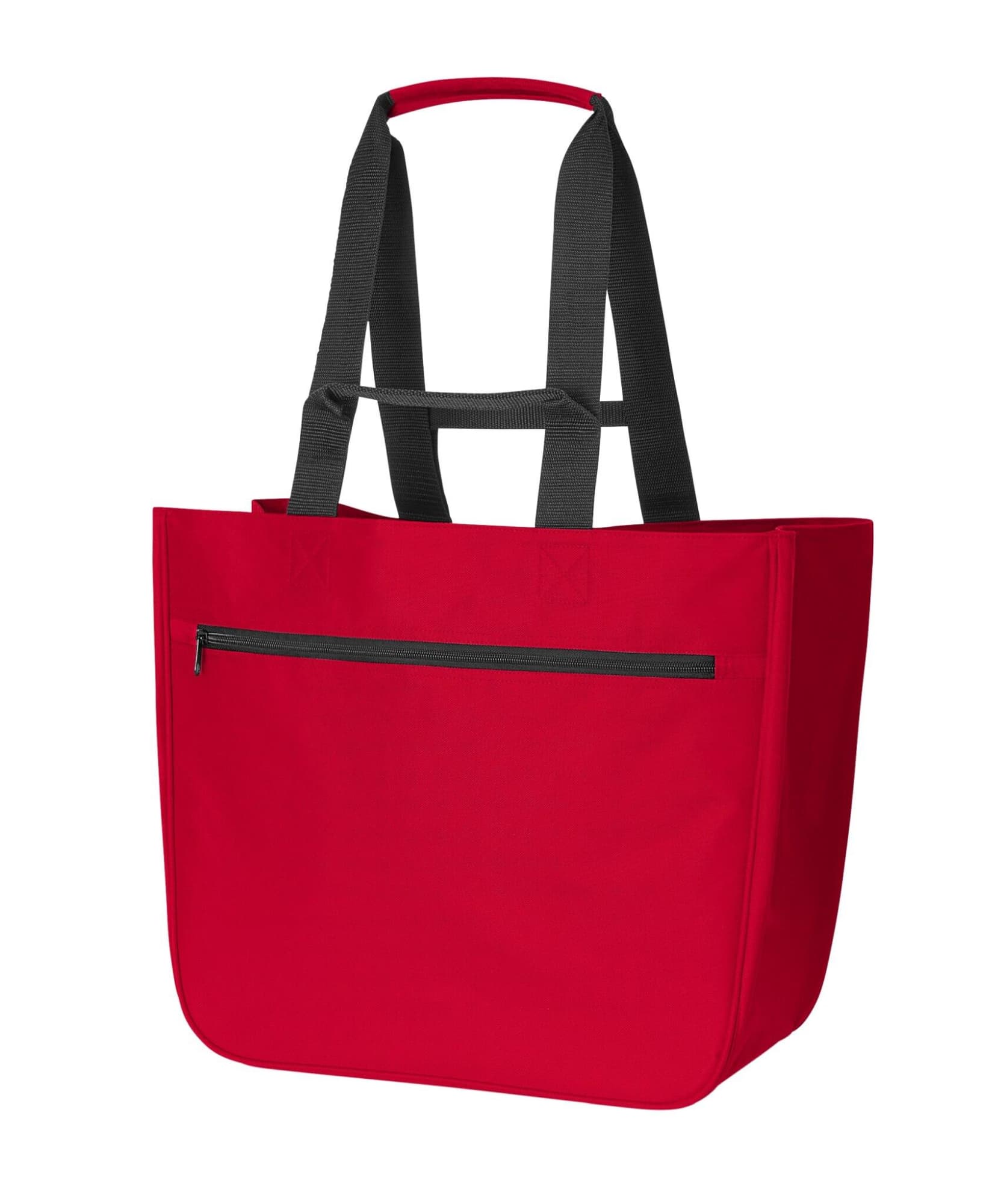 A red tote bag with black straps and a zippered front pocket. Features a sturdy design and branding present.