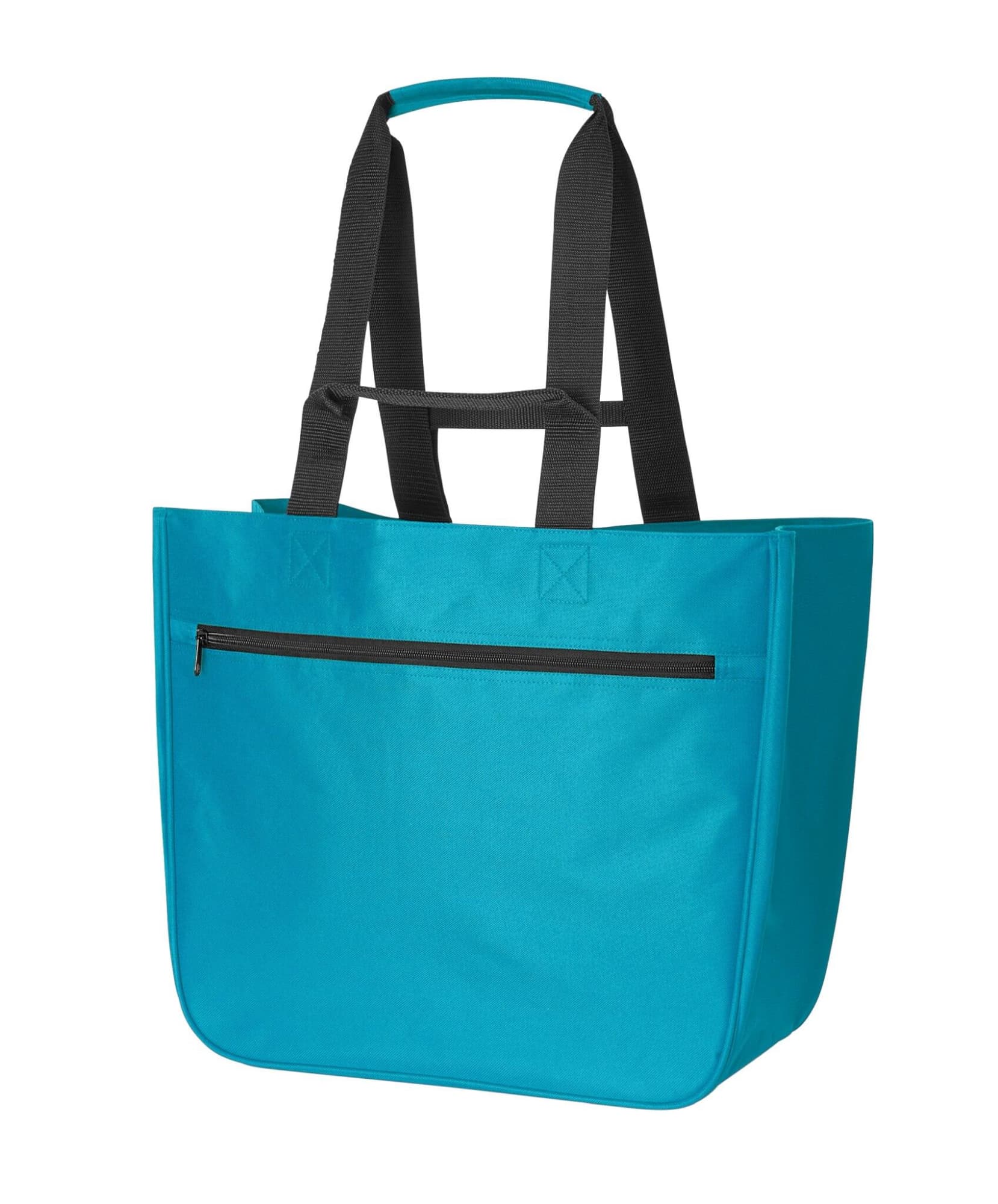 A turquoise tote bag with black handles and a zipped front pocket. It features a logo.