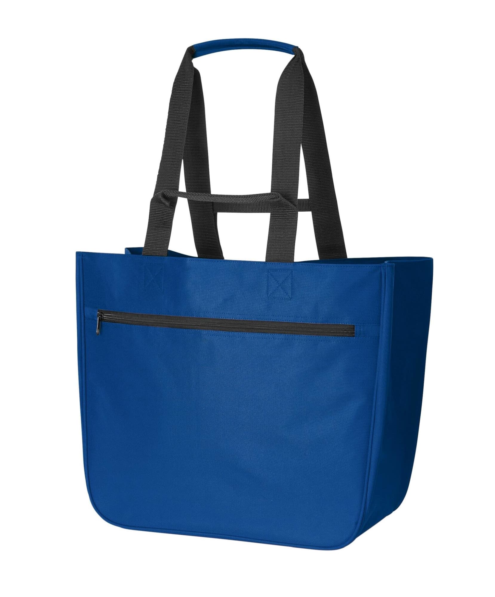 A blue tote bag with black straps and a front zipper pocket, featuring a logo.