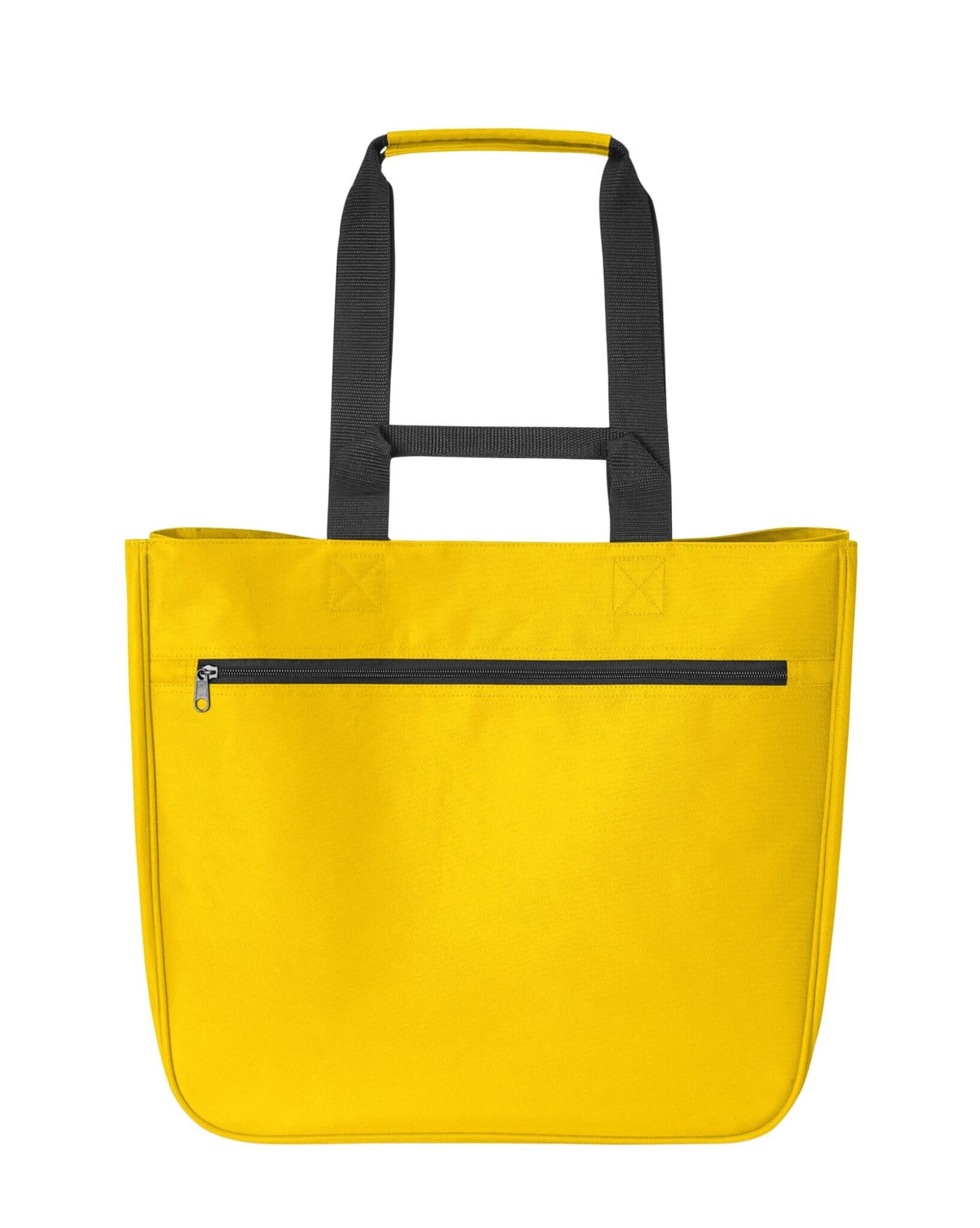 A yellow tote bag with black handles and a zippered pocket on the front. It includes a logo.