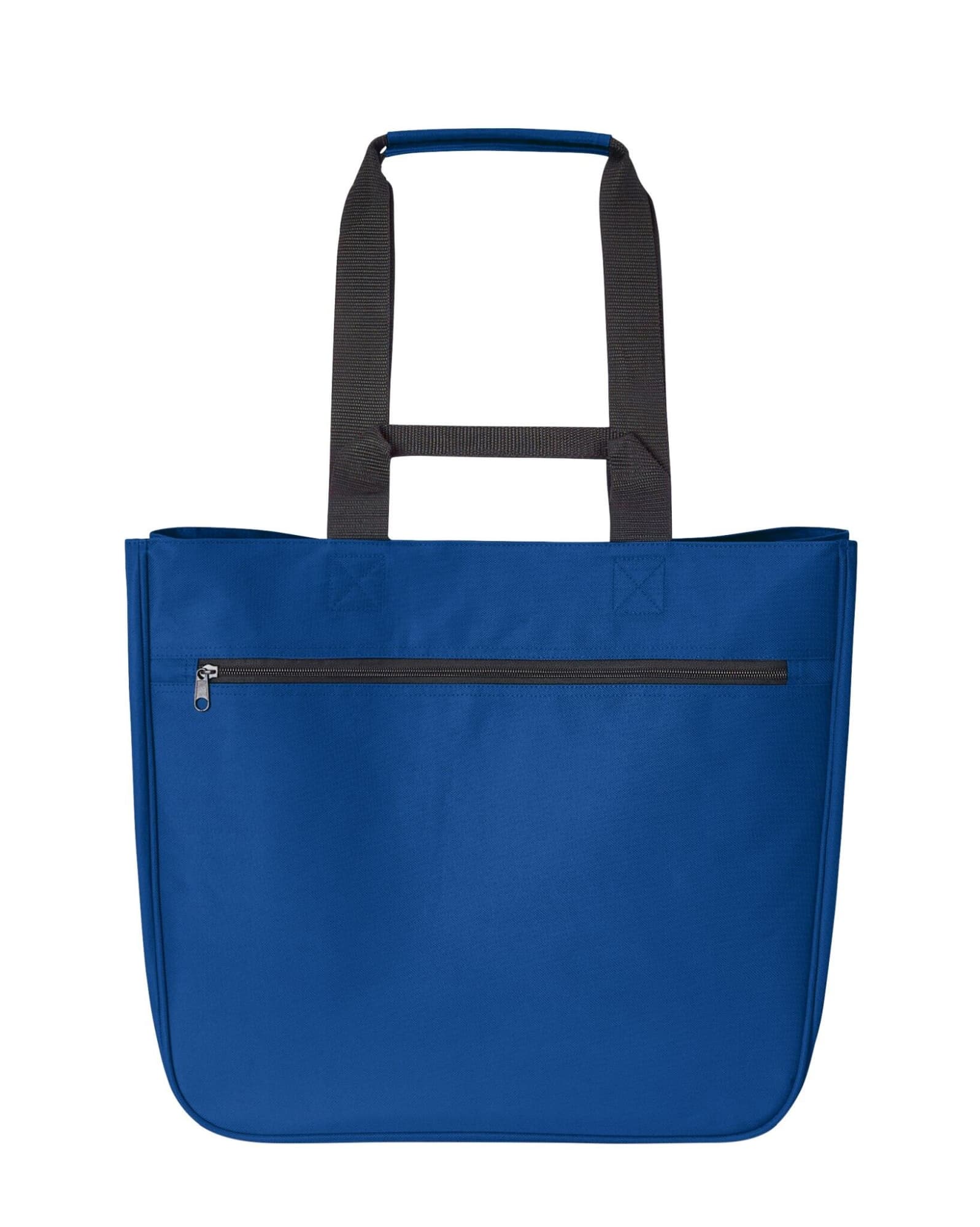 A blue tote bag with black handles and a zippered pocket on the front. It features a logo.