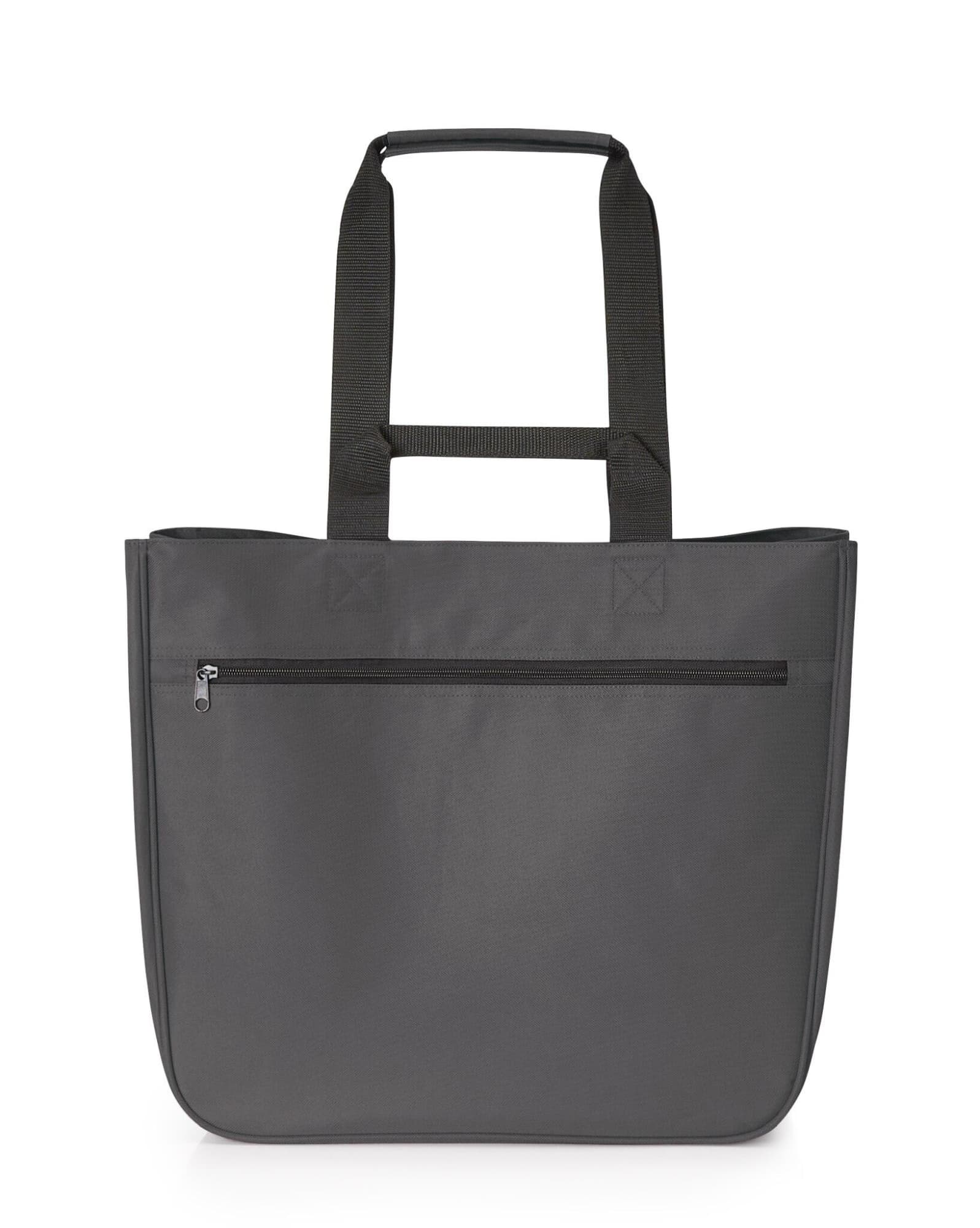 A grey tote bag with two shoulder straps and a zippered pocket on the front. It features a logo.