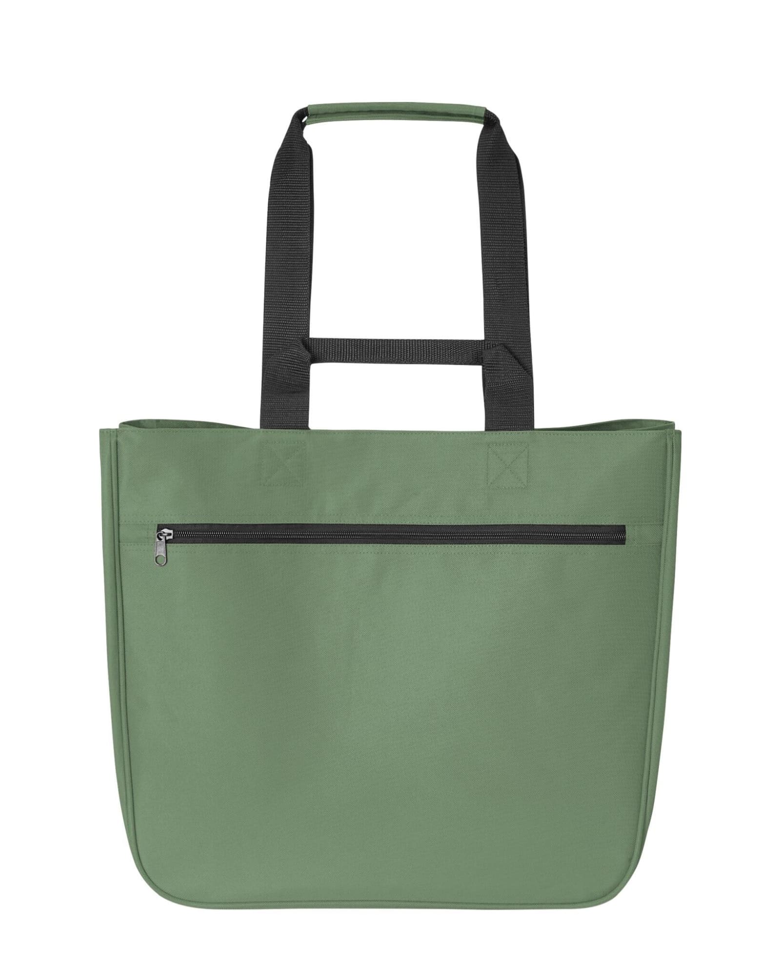 A large soft green shopper bag with black handles and a zippered front pocket. It features a logo on the surface.