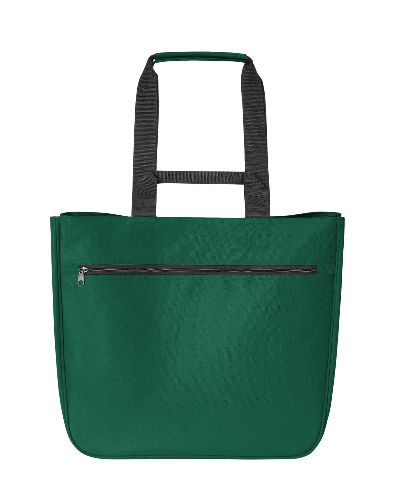 A green tote bag with black handles and a zippered front pocket. Features a branding logo.