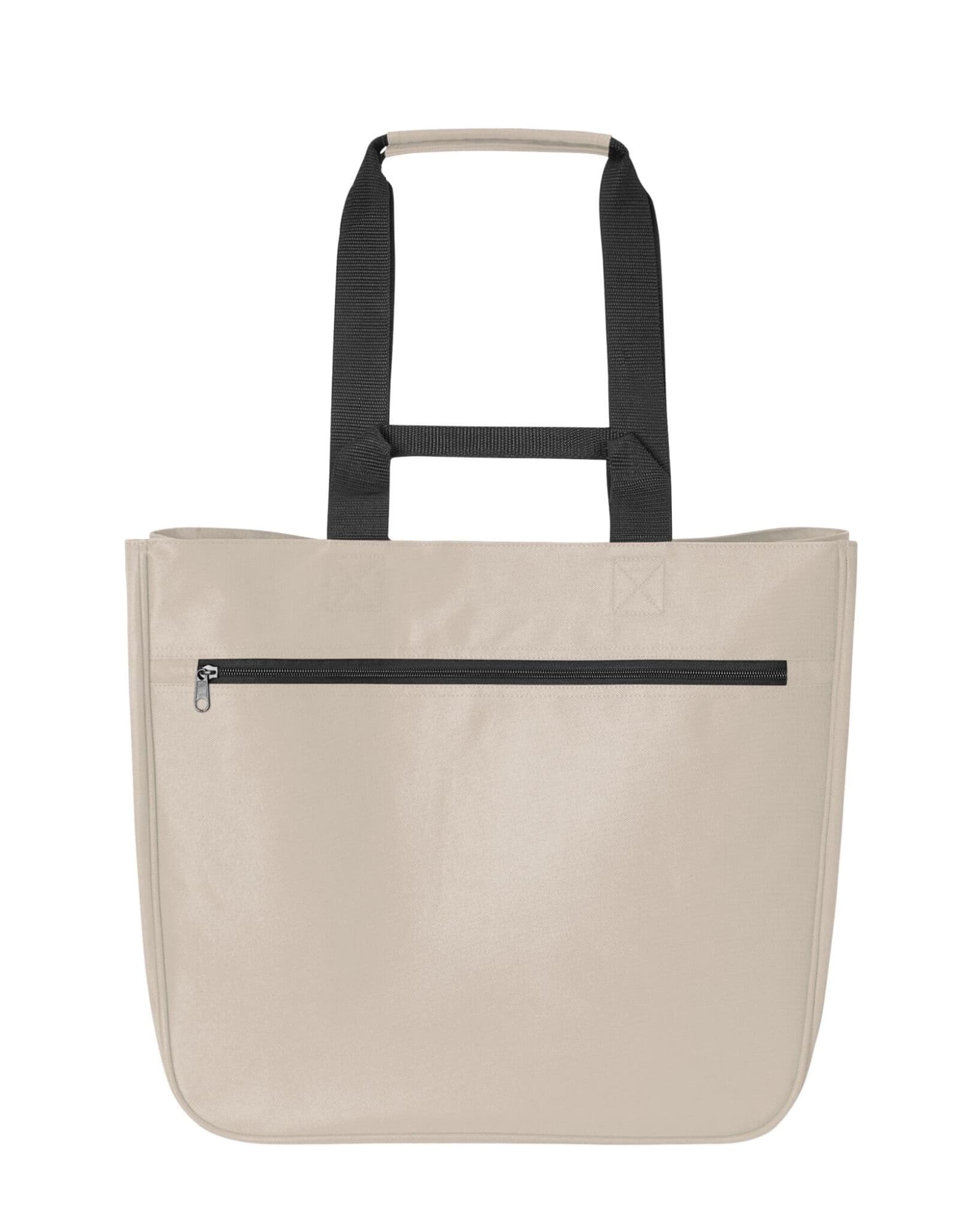 A beige tote bag with black handles and a zippered front pocket, featuring a logo.