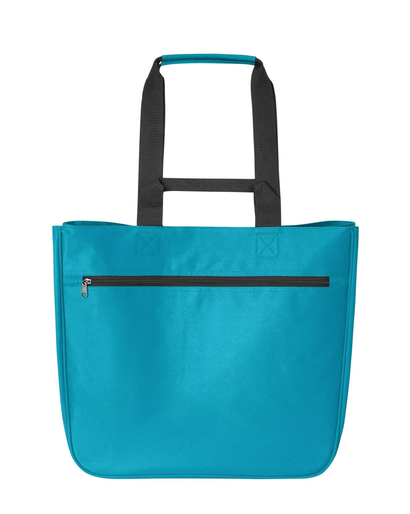 A turquoise tote bag with black handles and a zippered pocket on the front. It has one visible logo.