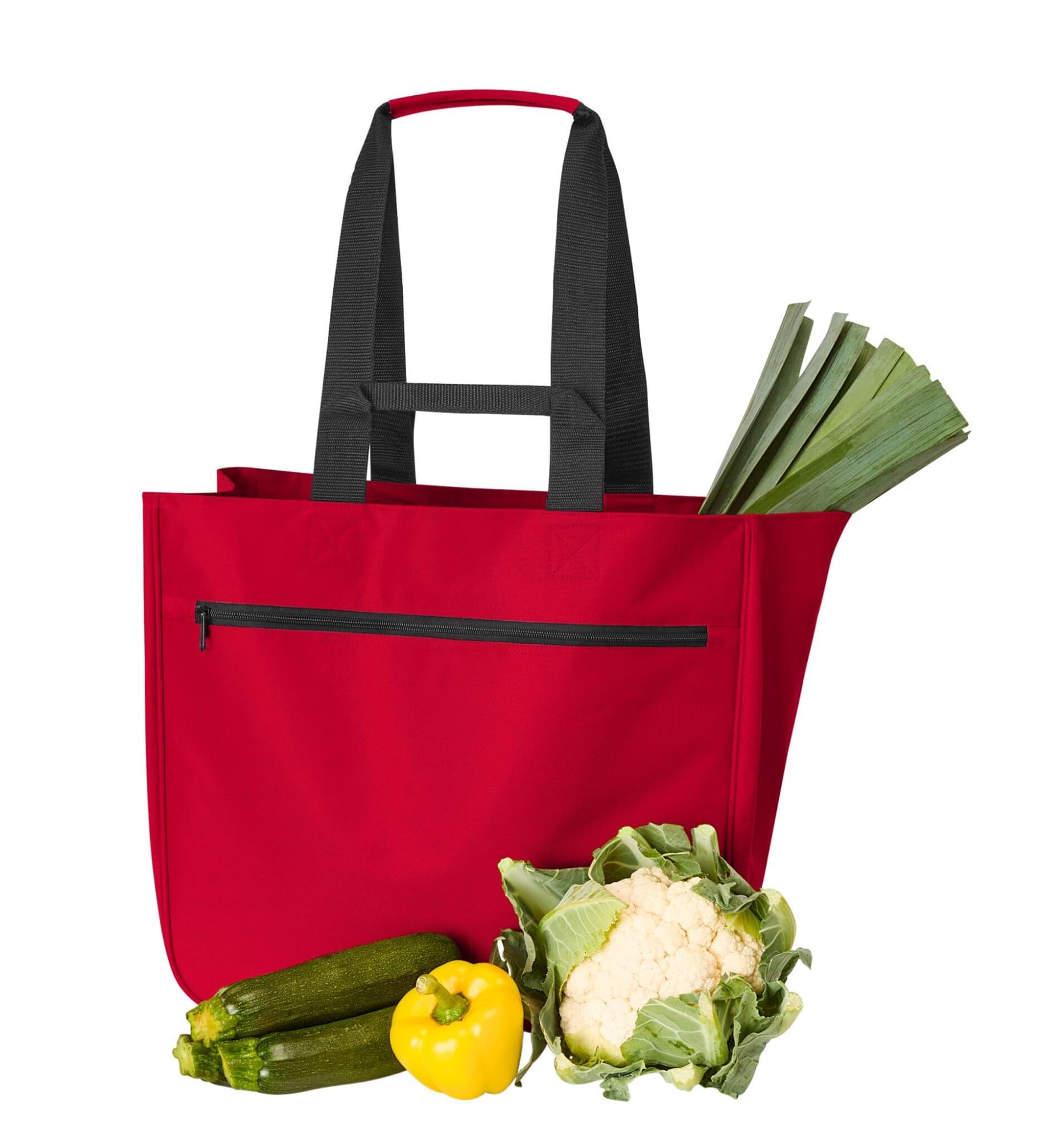 A red tote bag with black handles, accompanied by zucchini, cauliflower, a yellow bell pepper, and leeks.