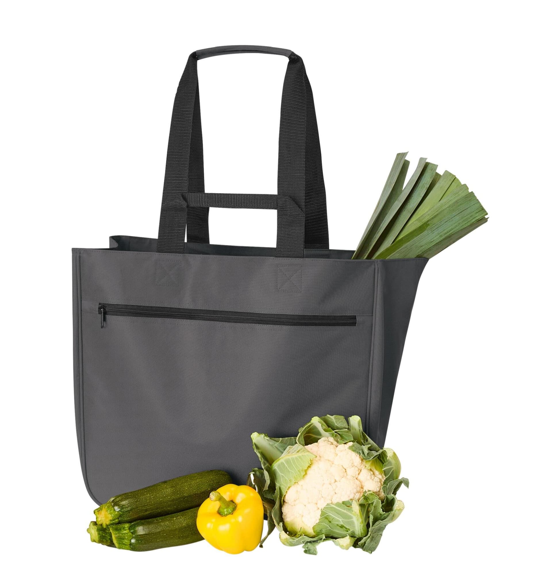 A grey shopper bag with two sturdy handles, alongside fresh vegetables like cauliflower, zucchini, and leeks.