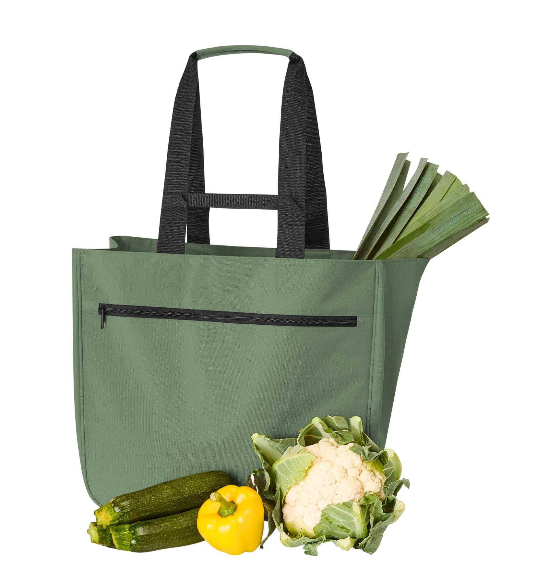 A green Softbasket Shopper bag filled with leeks, cauliflower, zucchini, and a yellow bell pepper.
