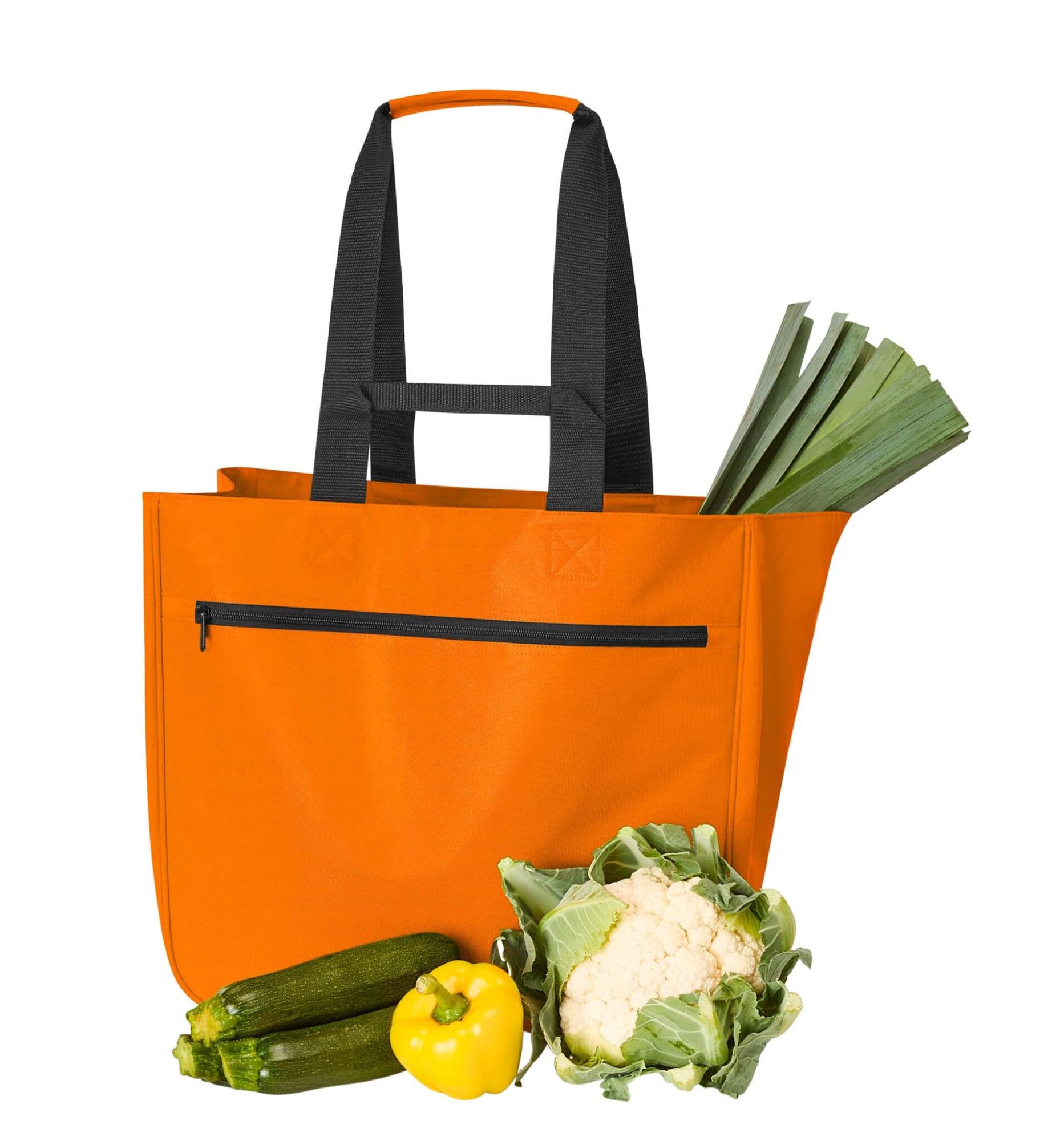 An orange tote bag with black handles, filled with zucchini, leeks, and a cauliflower. The bag has a zippered pocket.