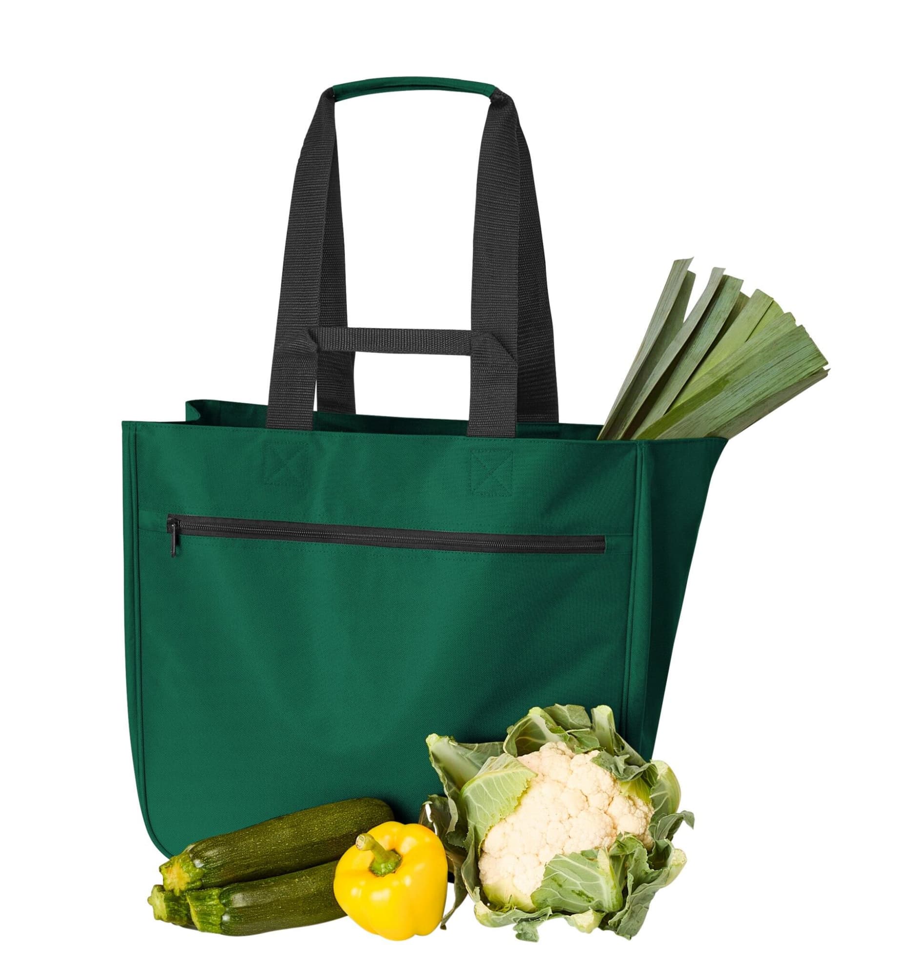A green Softbasket Shopper bag with black straps, holding leeks, zucchini, a yellow capsicum, and cauliflower.