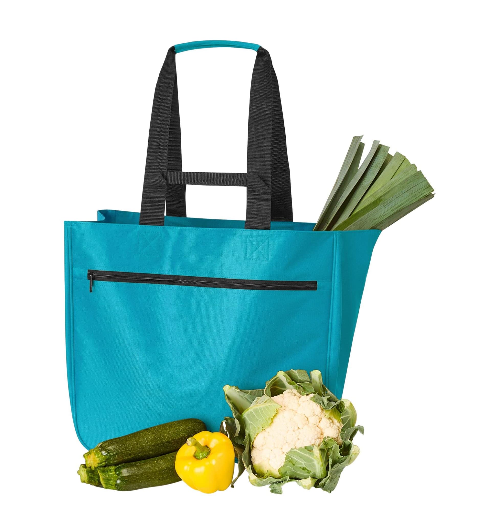 A teal soft tote bag with black straps, alongside a cauliflower, zucchini, yellow capsicum, and leeks.