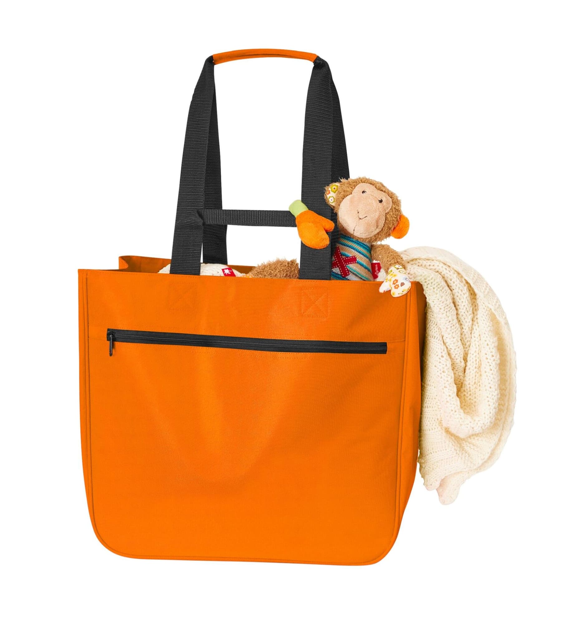 An orange tote bag with black handles, featuring a toy monkey and a white blanket inside. It has a zippered pocket.