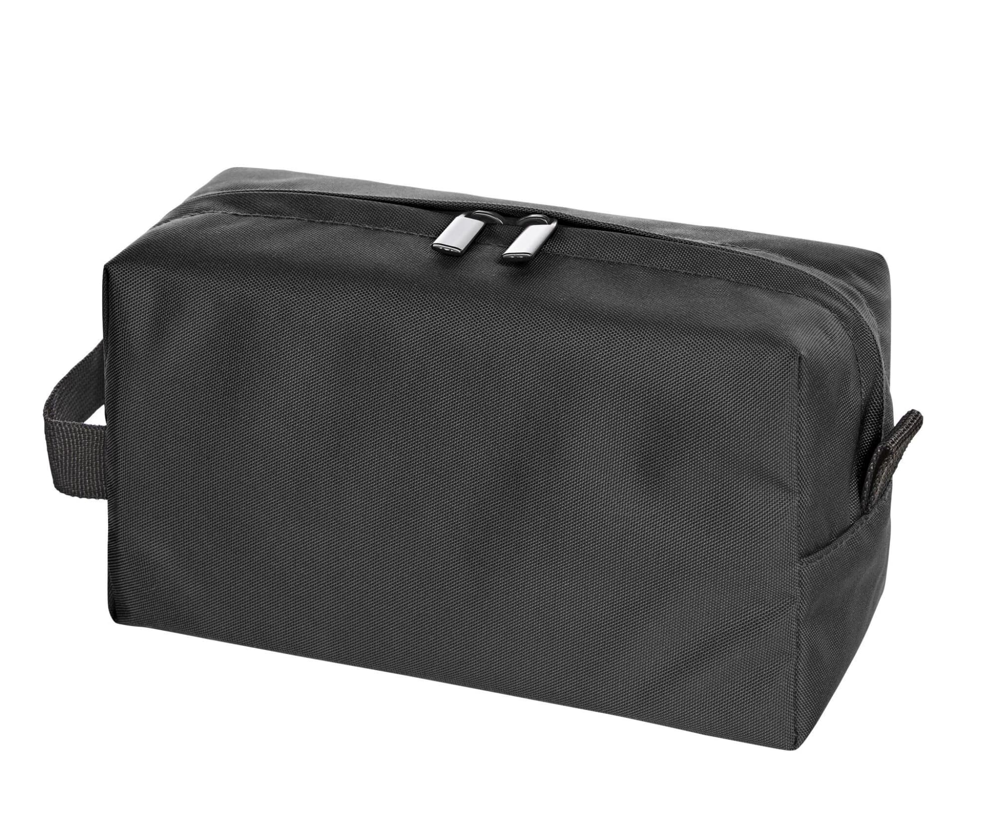 A black toiletry bag with a rectangular shape, zipped closure, and a side handle. It features a logo.