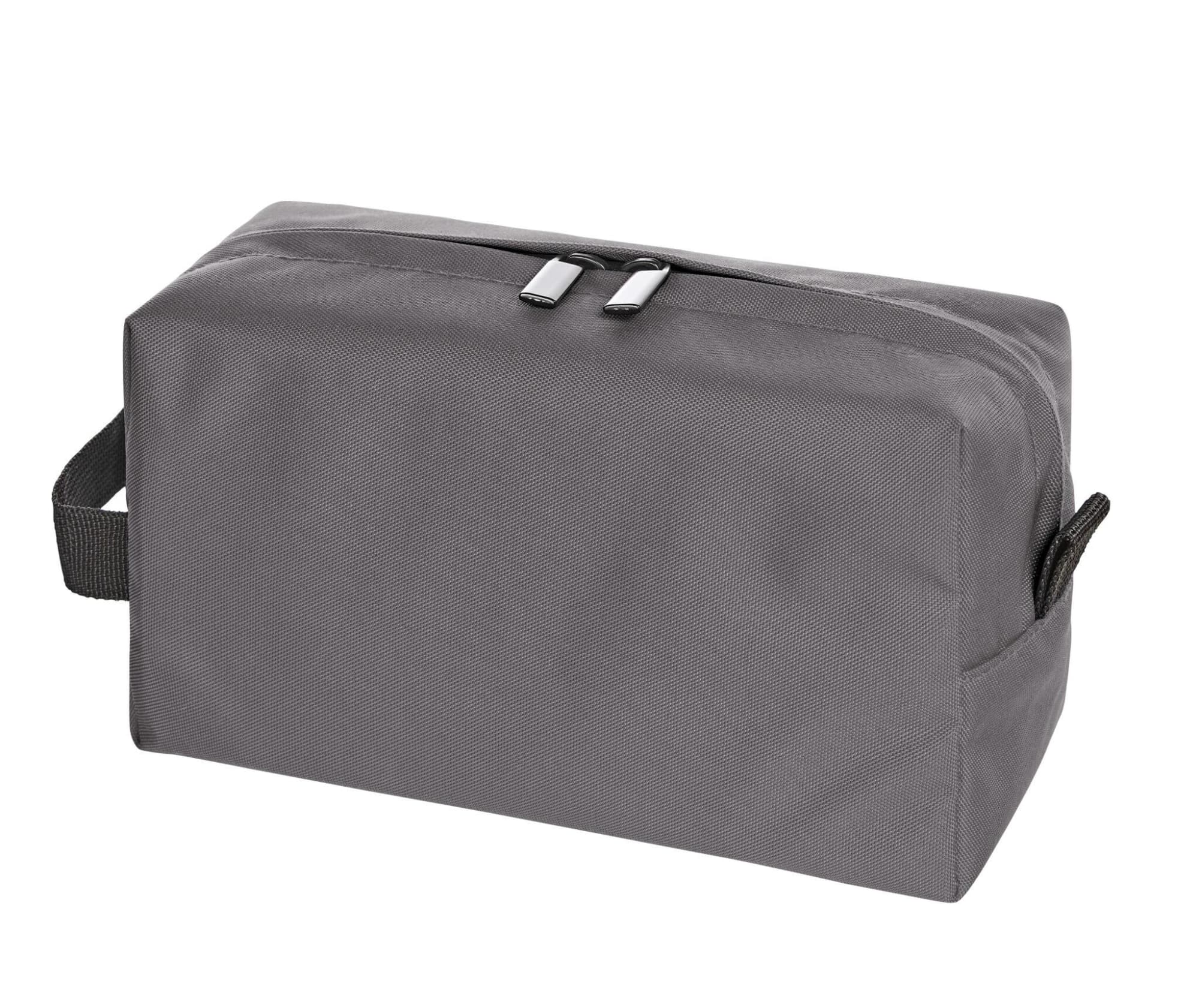 A grey toiletry bag with a zip closure, featuring a handle and two zip pullers. It has a simple design and a branding logo.