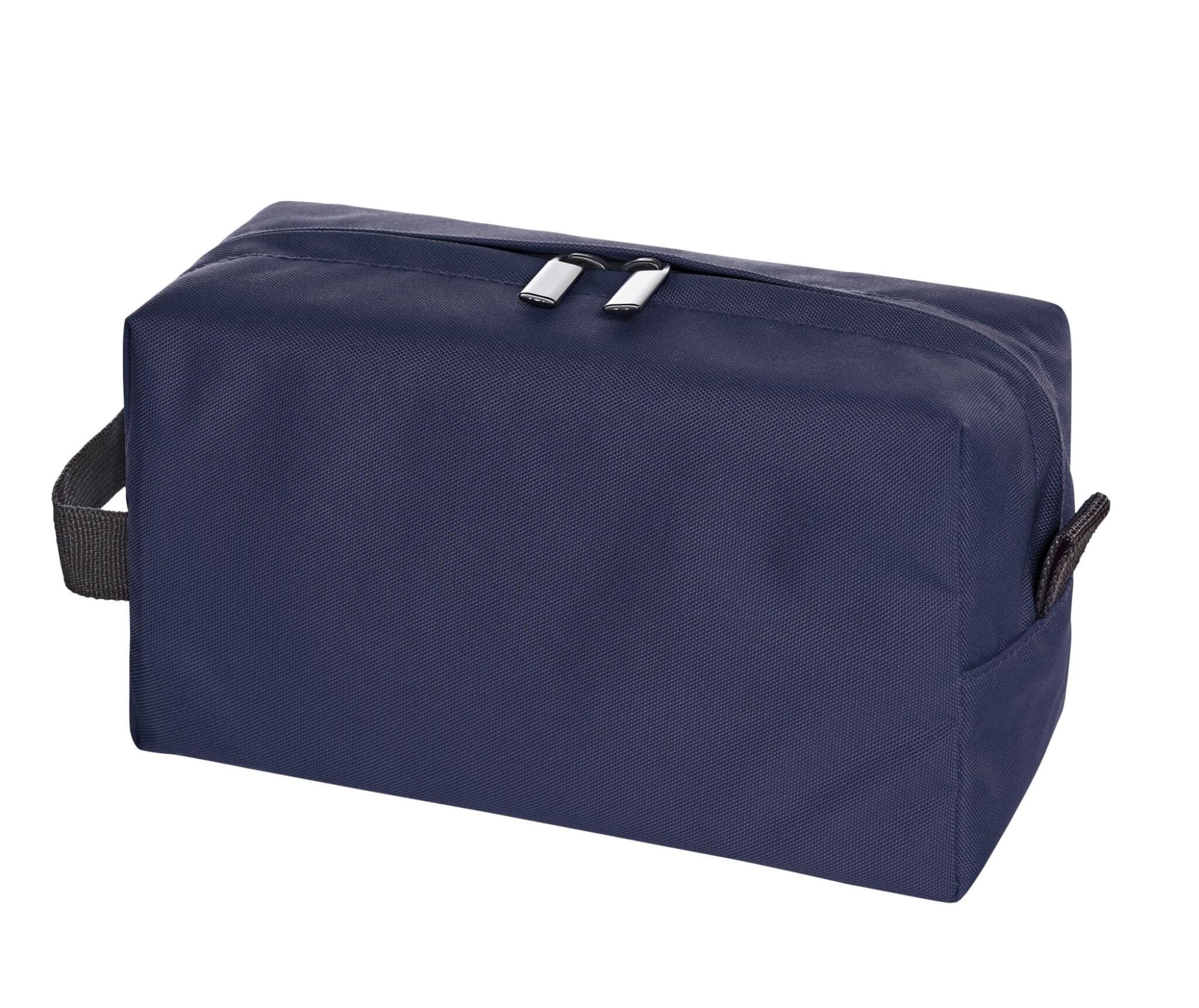 A navy toiletry bag with a rectangular shape, featuring a zipper closure and a carry handle. Includes a logo.