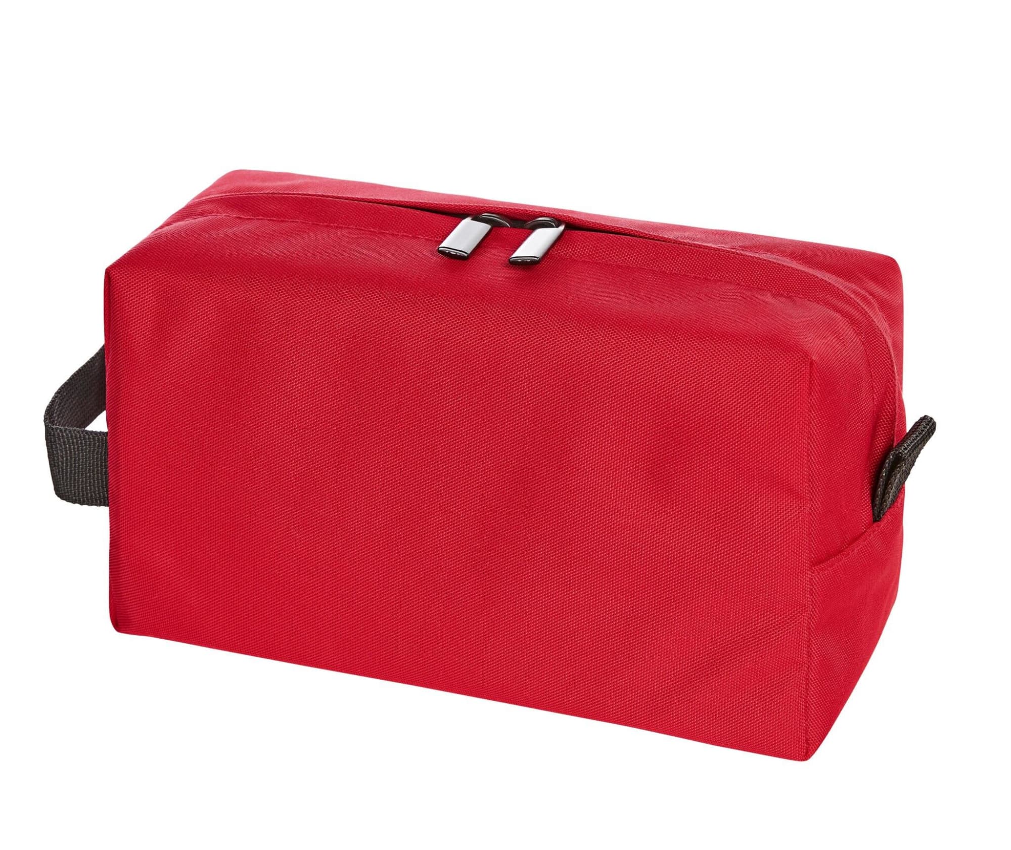 A red toiletry bag with a grey handle and double zipper closure. It features a plain design and a small logo.