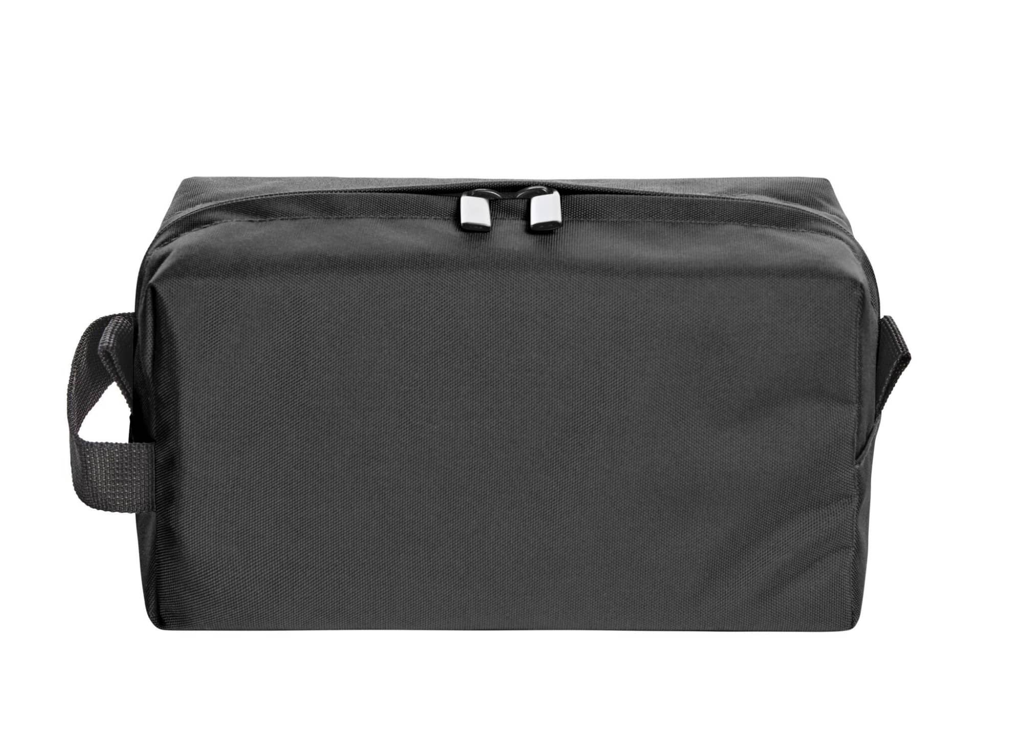 A black toiletry bag with a zippered top, featuring a side handle and a minimalist design. It has a logo on one side.
