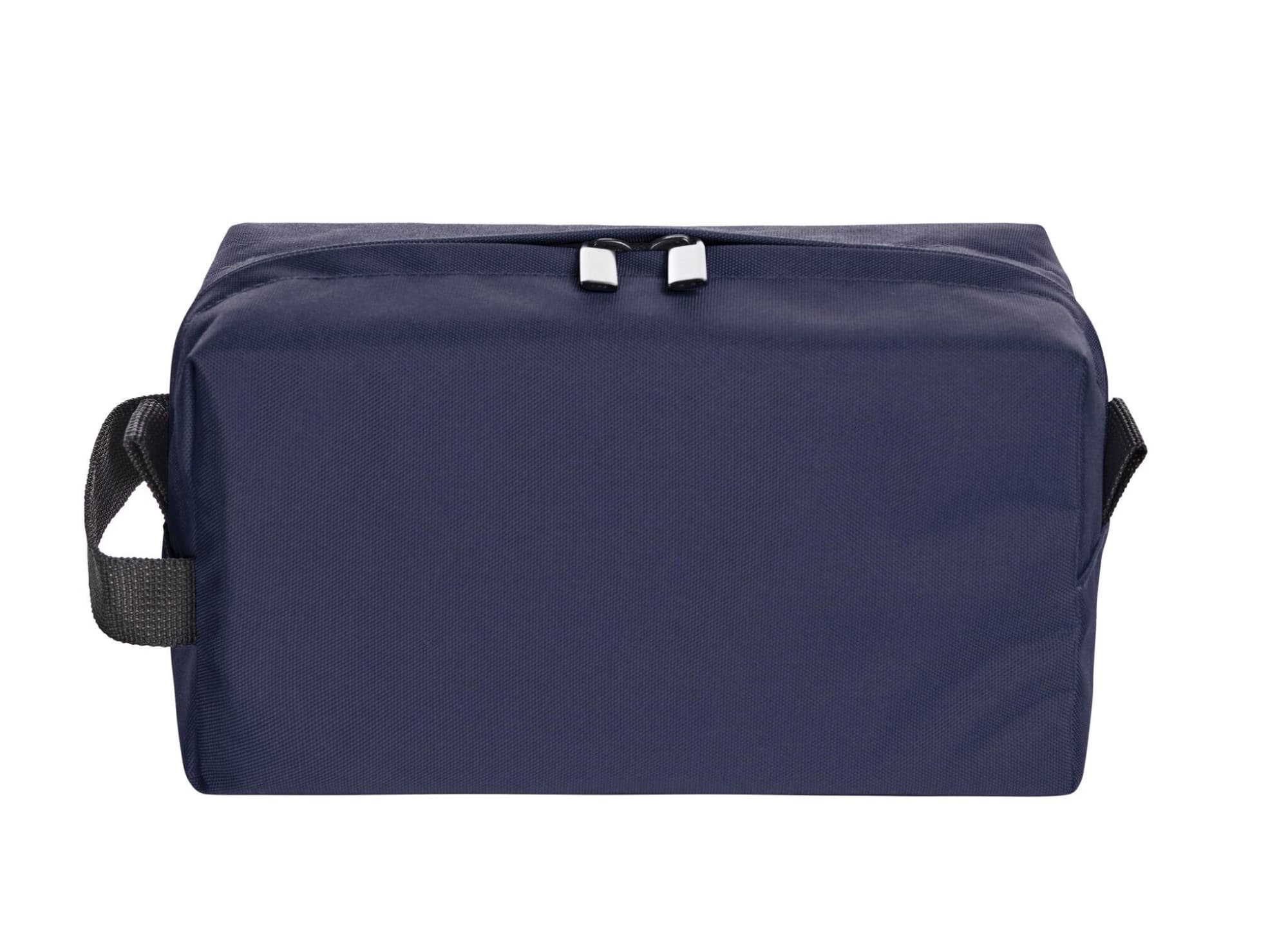 A navy blue toiletry bag with a rectangular shape, featuring a handle and a zip closure. It has a logo on the side.