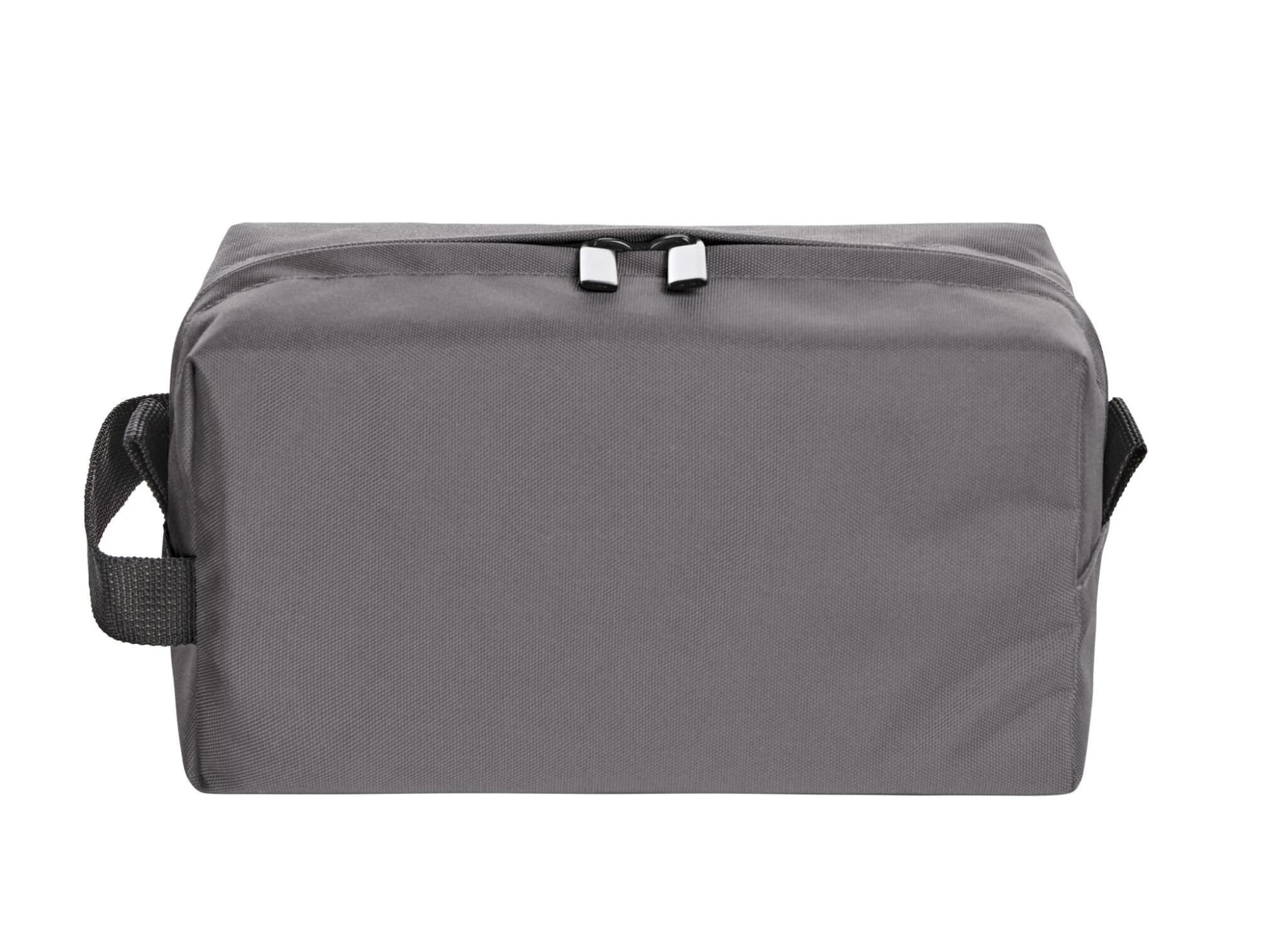 A grey toiletry bag with a rectangular shape and zip closure, featuring a sturdy handle on one side.