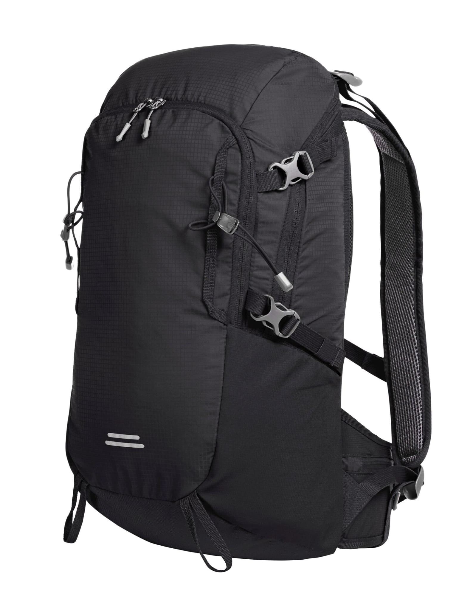 A black outdoor backpack featuring adjustable straps, multiple zippers, and a sleek design. It has a logo on the front.