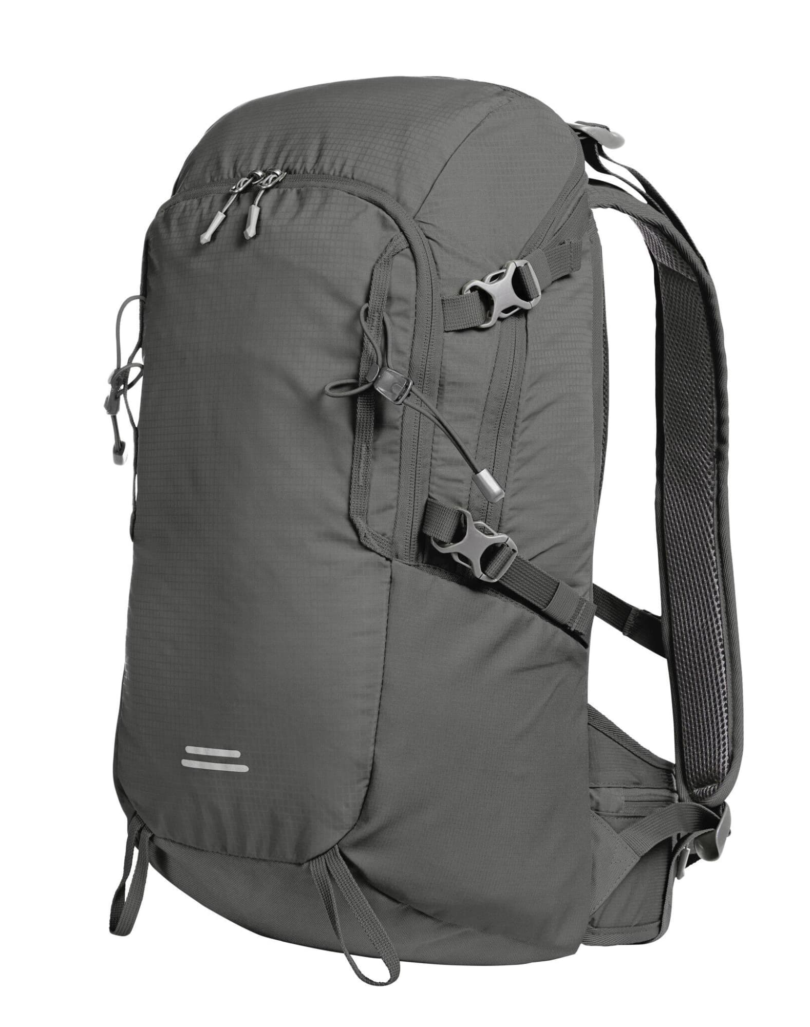 A grey outdoor backpack featuring multiple compartments and adjustable straps, with a logo on the side.