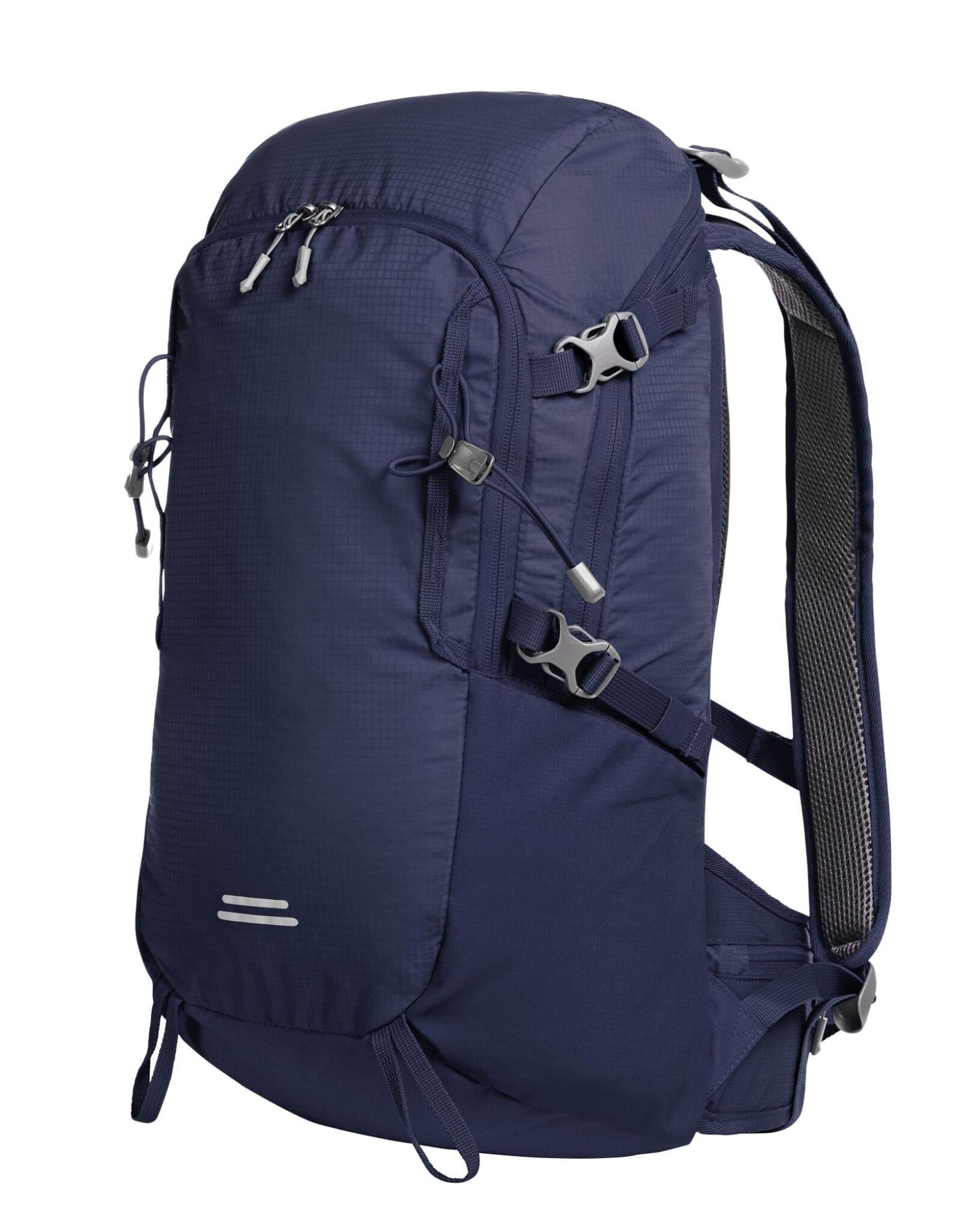 A navy outdoor backpack with adjustable straps, multiple compartments, and a mesh back panel for ventilation.