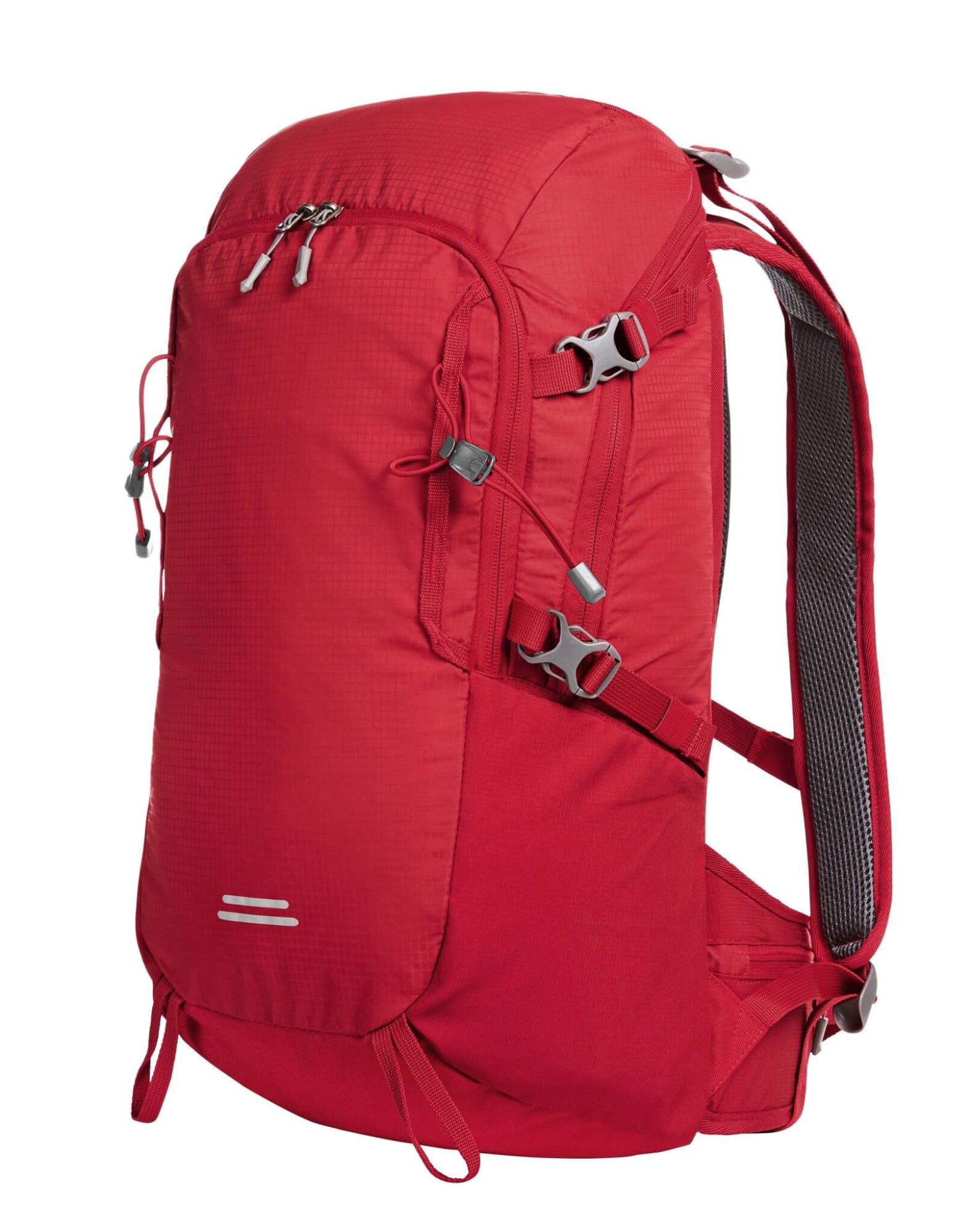 A red outdoor backpack with adjustable straps, side pockets, and a logo on the front.