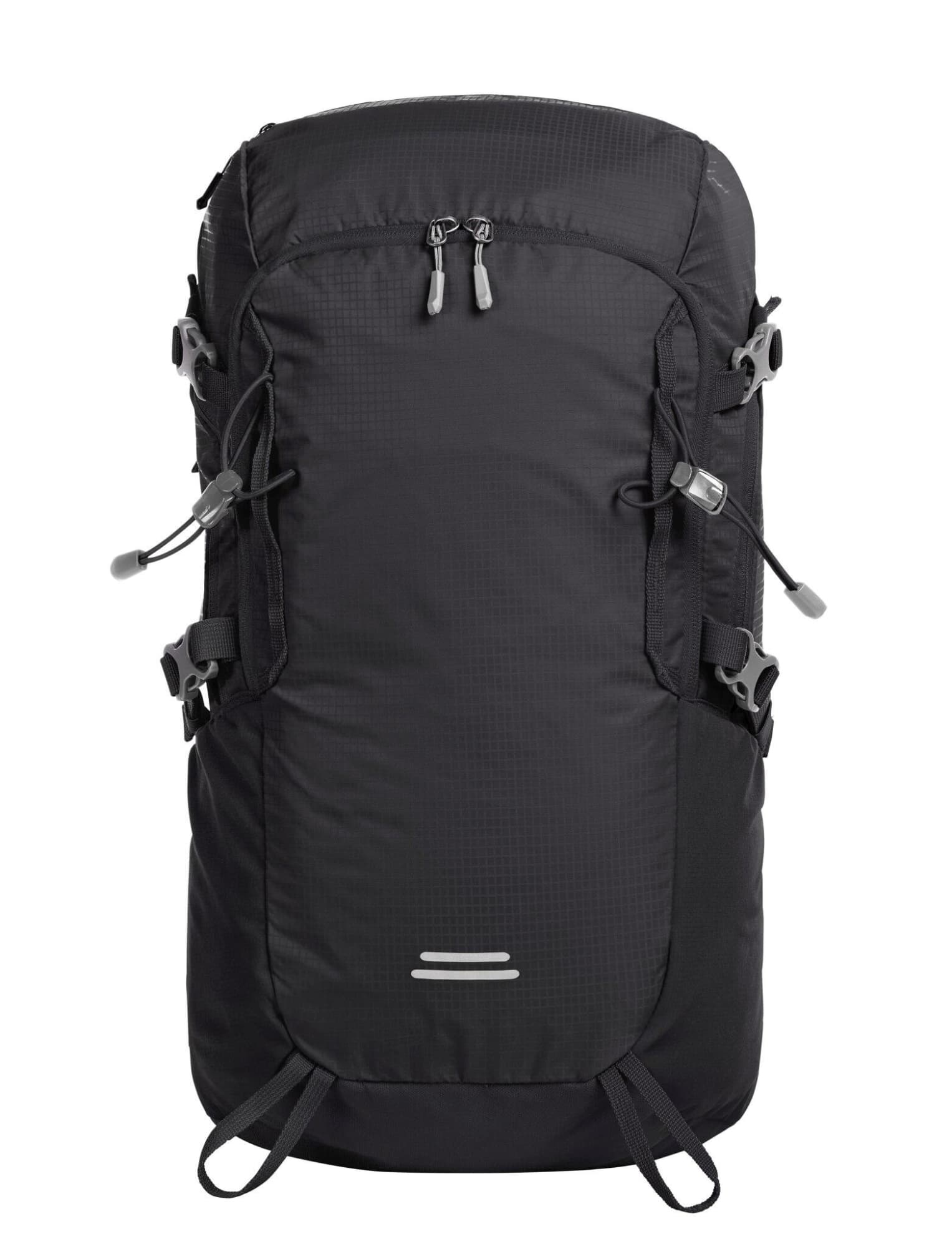 A black outdoor backpack with multiple compartments and adjustable straps, featuring a logo on the front.