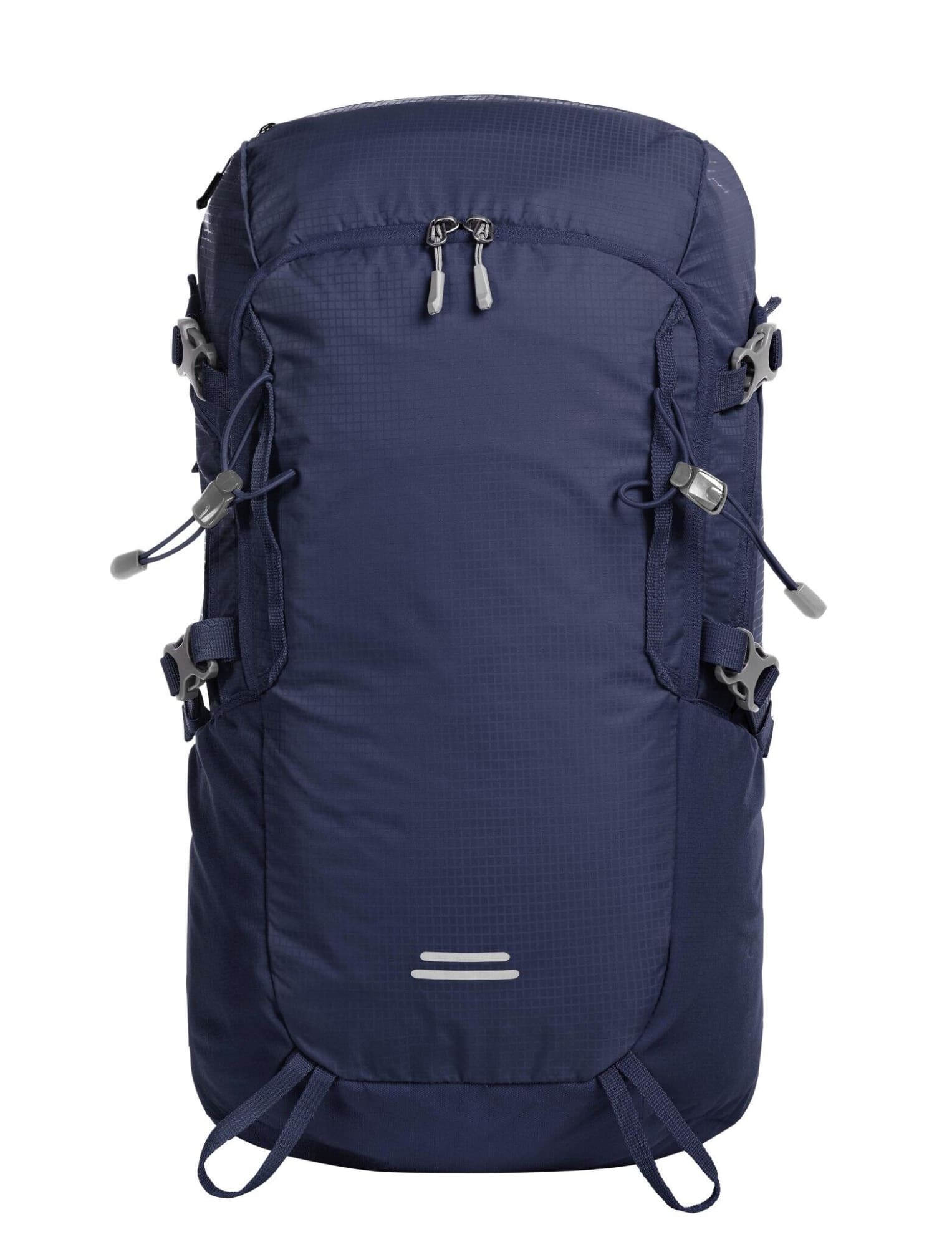 A navy outdoor backpack with adjustable straps, multiple pockets, and a logo on the front.
