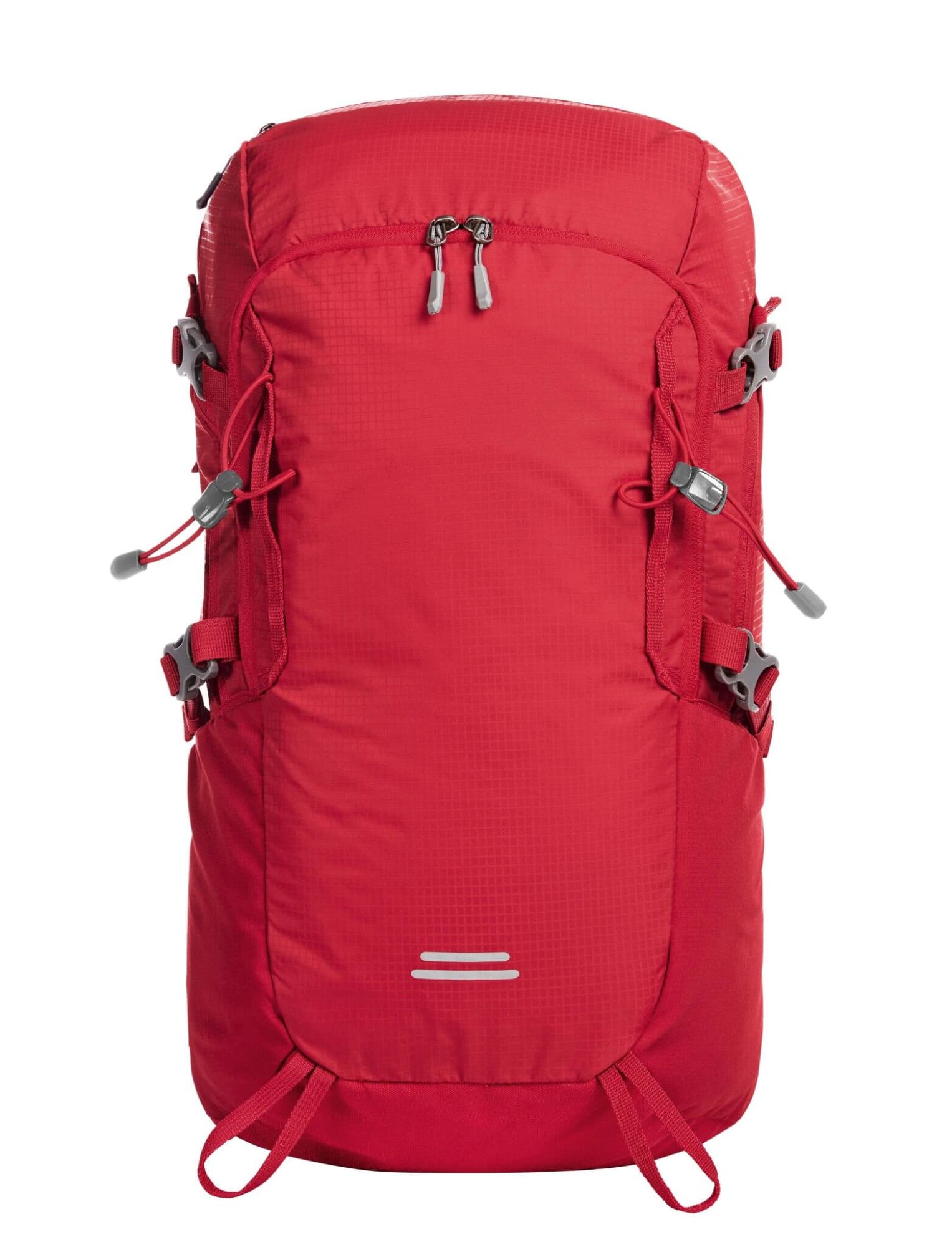 A red outdoor backpack with multiple compartments and adjustable straps, featuring a logo on the front.