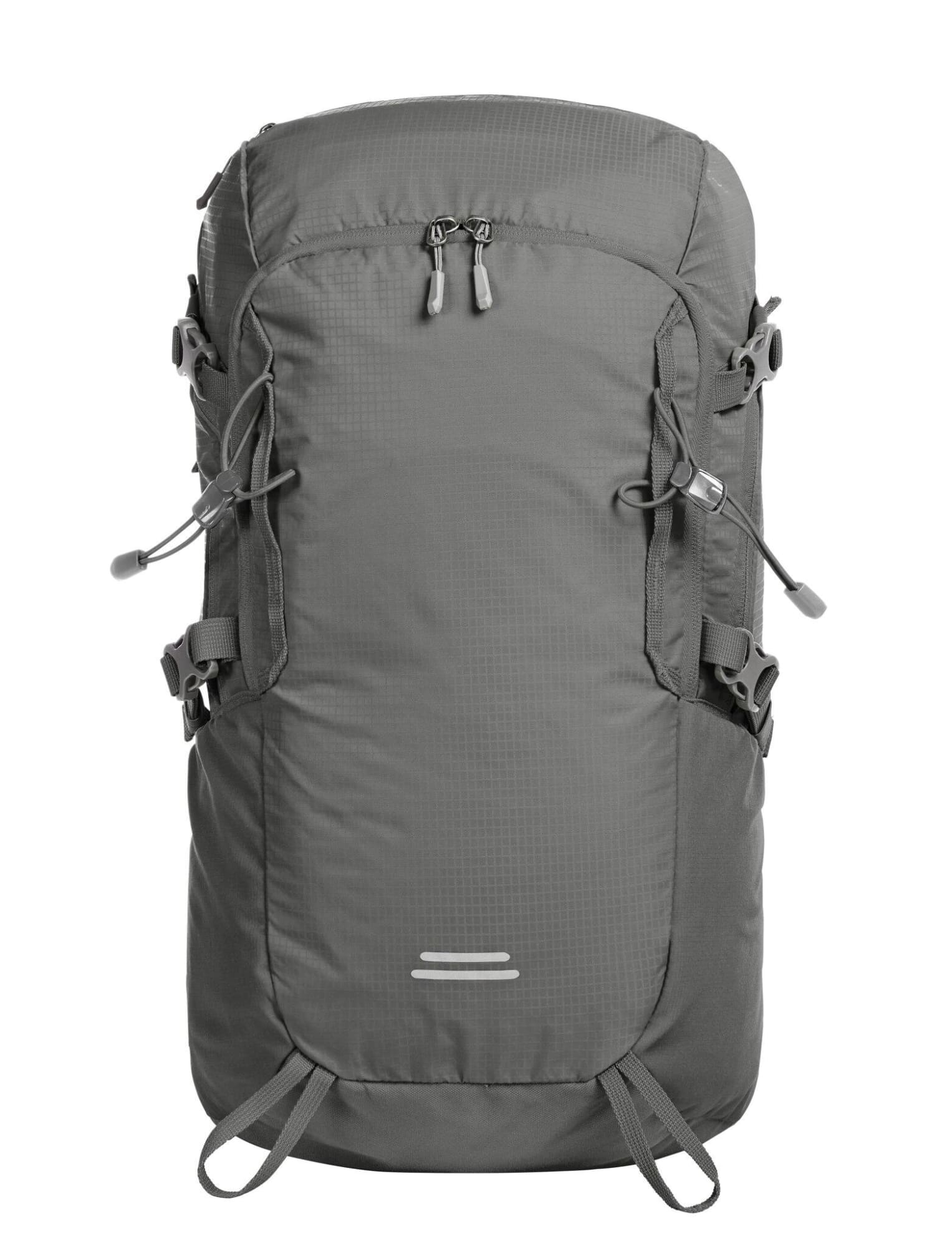 A grey outdoor backpack with multiple compartments and adjustable straps, featuring a subtle logo.
