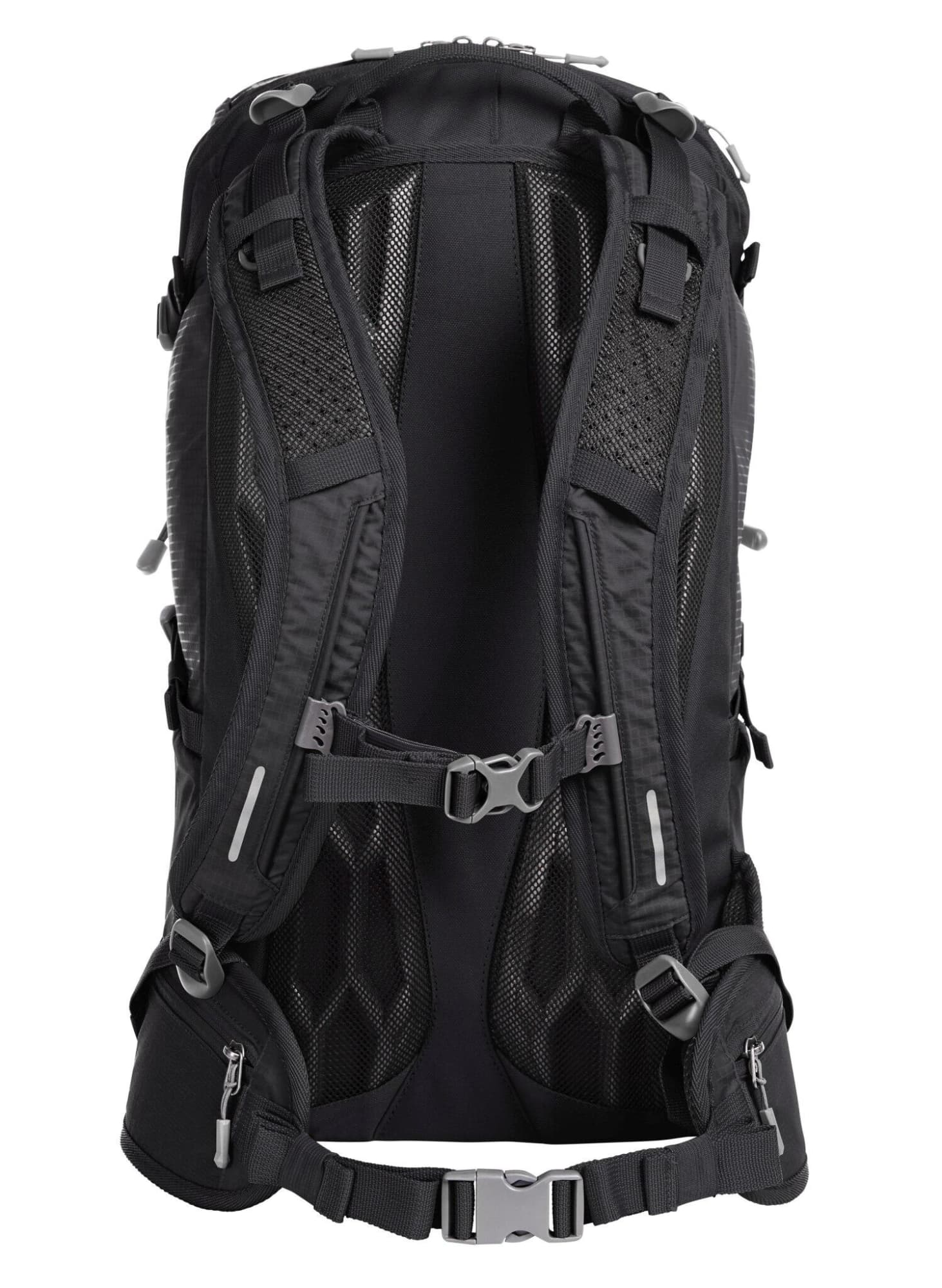 A black outdoor backpack featuring padded straps, mesh detailing, and multiple compartments with zippers.