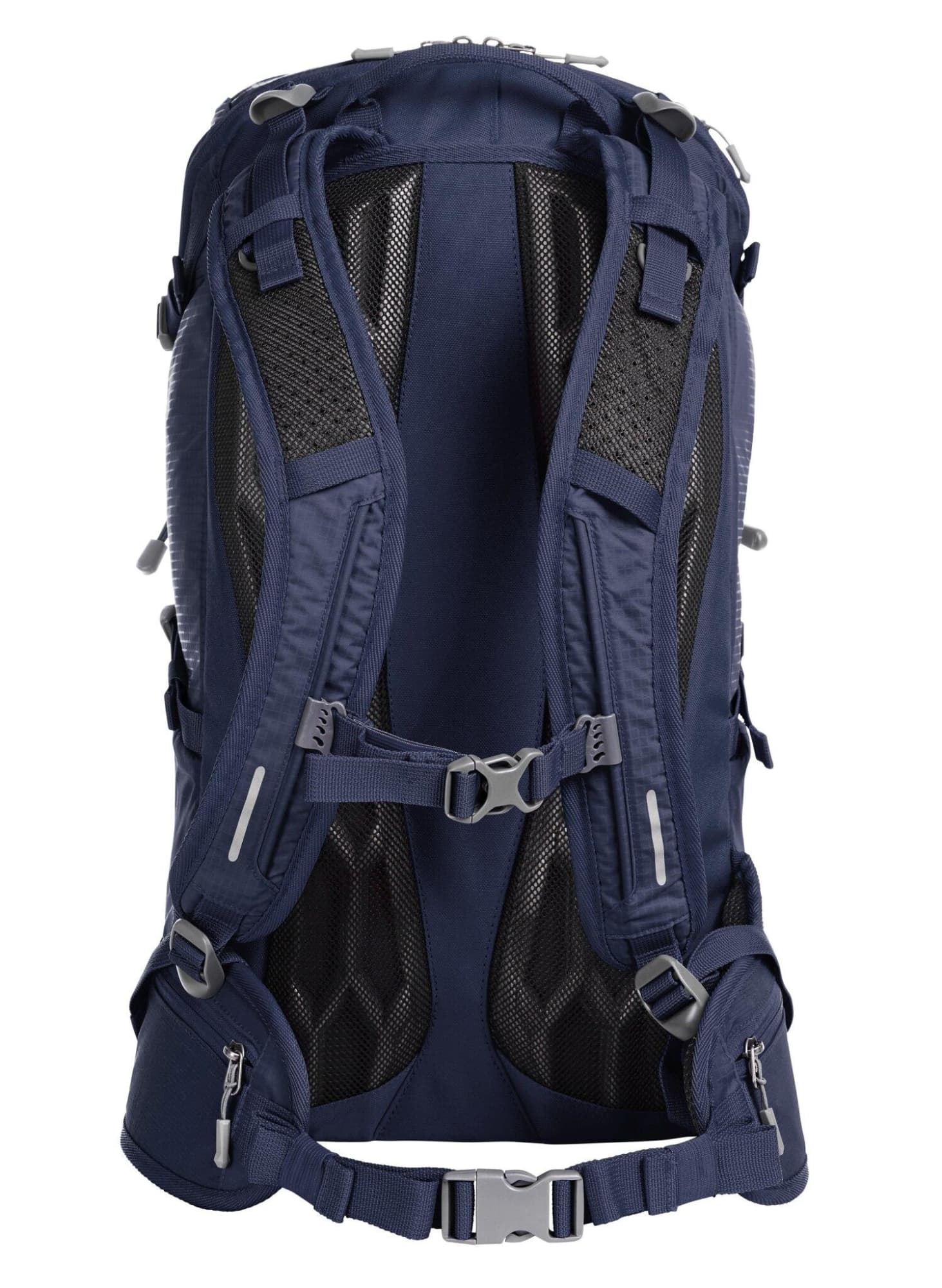 A navy outdoor backpack with padded straps, mesh panels, and multiple zippered pockets. It features a logo on the back.