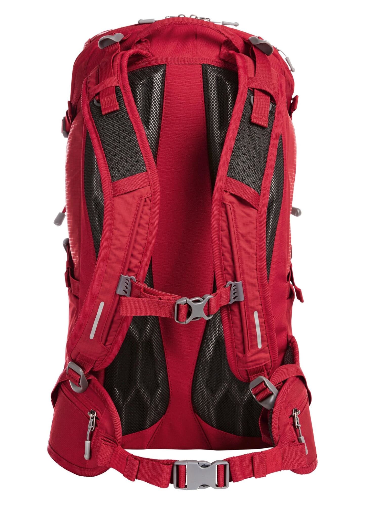 A red outdoor backpack featuring padded straps and adjustable buckles, with a mesh back for ventilation.