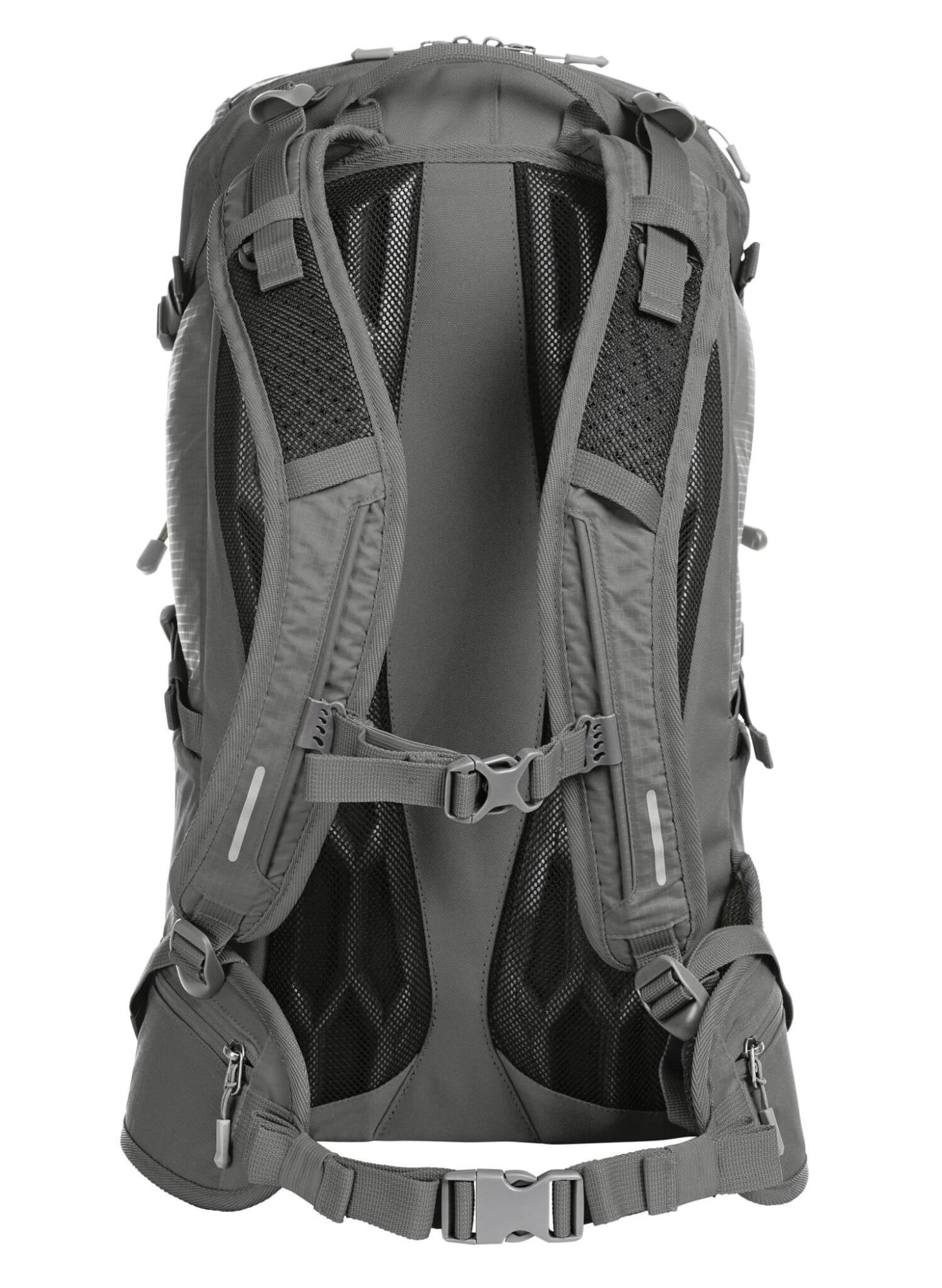 A grey outdoor backpack featuring padded straps and mesh back support, with zippers and buckles. It has a logo.