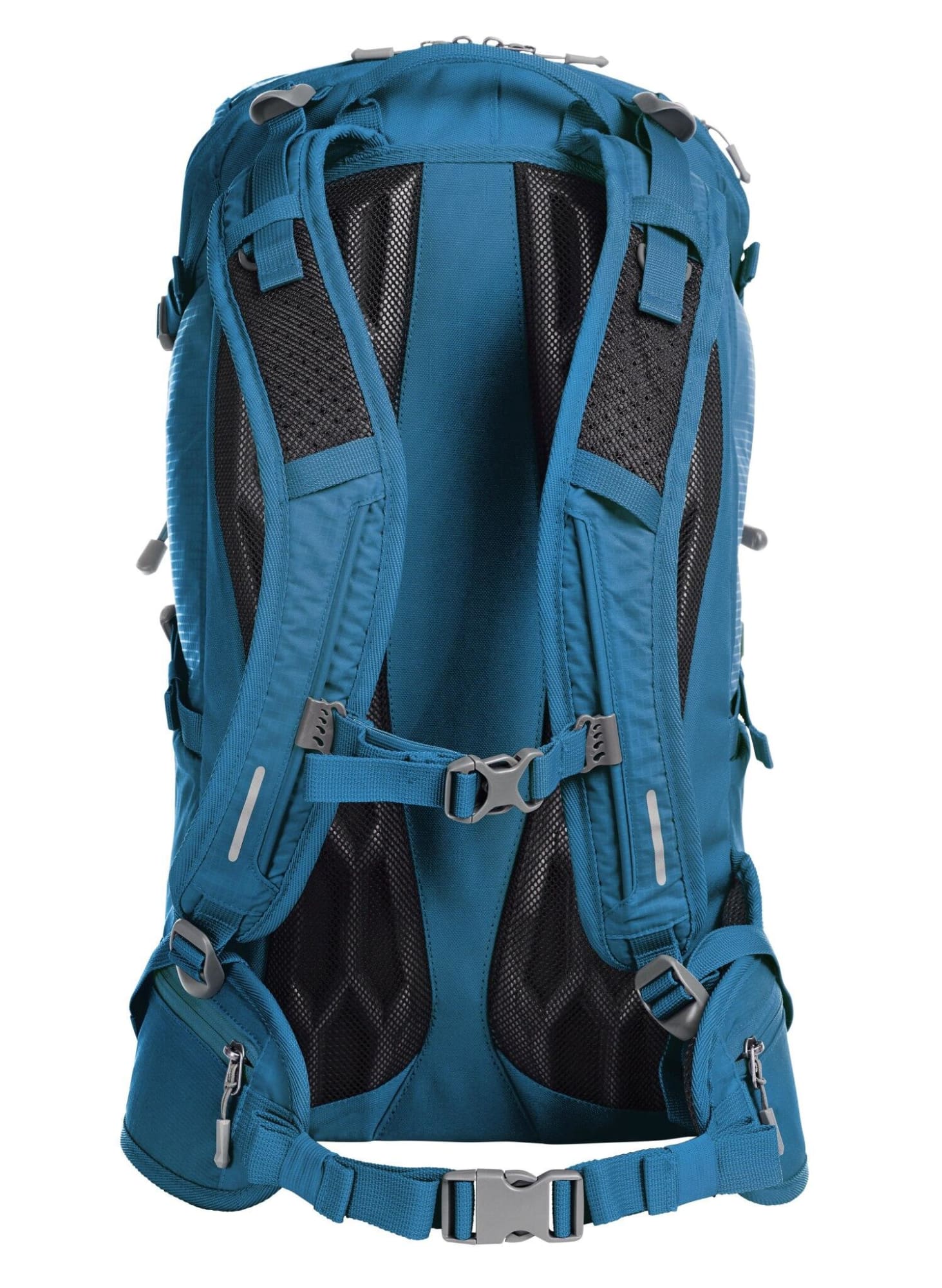 A blue outdoor backpack with mesh padding and adjustable straps, featuring multiple compartments and a logo.